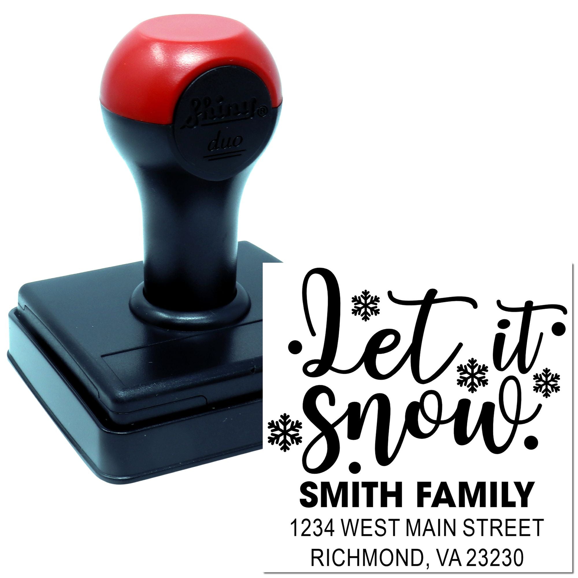 Custom self-inking rubber address stamp with holiday "Let it snow" design for Smith Family cards and mailings.