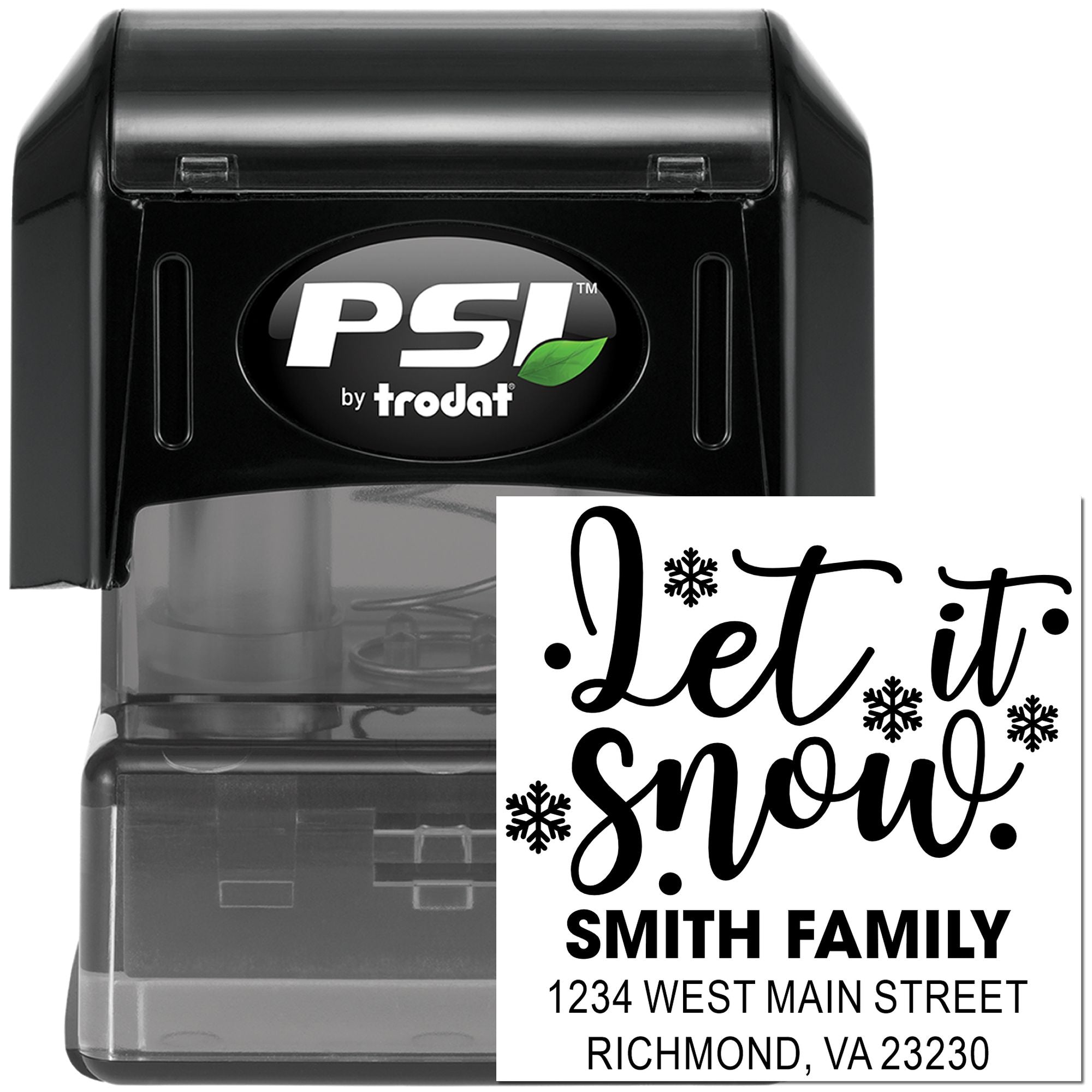 Self-inking custom rubber stamp with Let it snow design and Smith family return address for holiday cards.