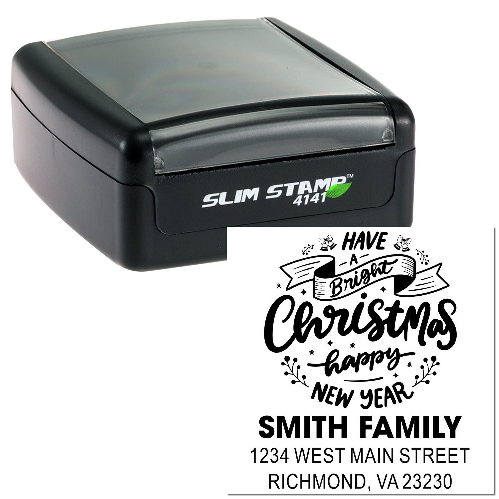 Personalized self-inking rubber stamp with holiday return address design for Christmas cards, featuring family name and address.
