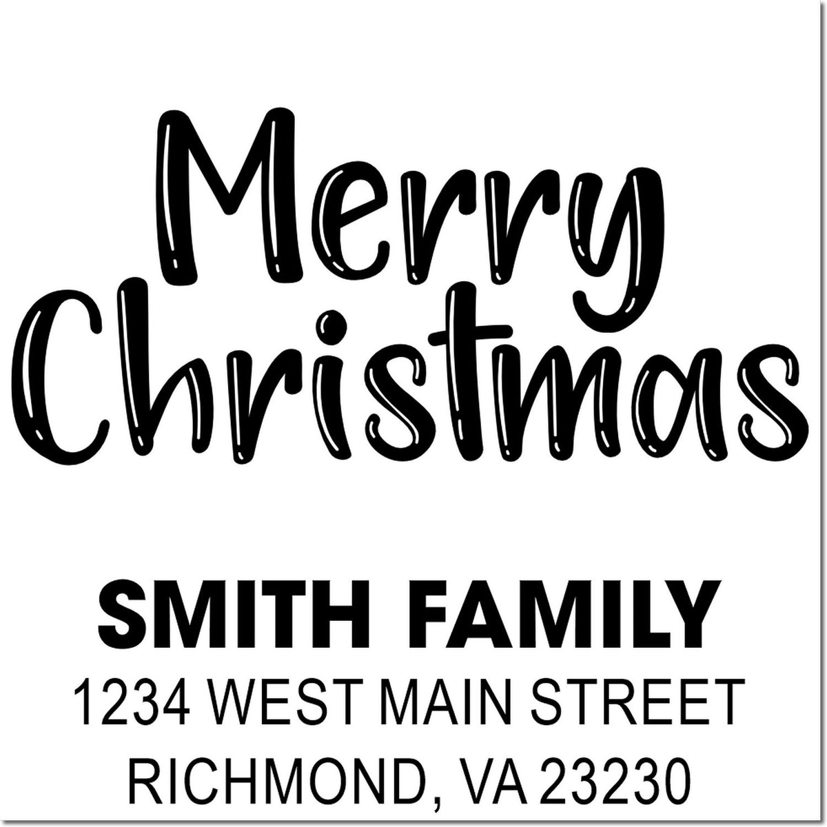 Personalized Merry Christmas return address rubber stamp for Smith Family holiday cards, Richmond, VA 23230