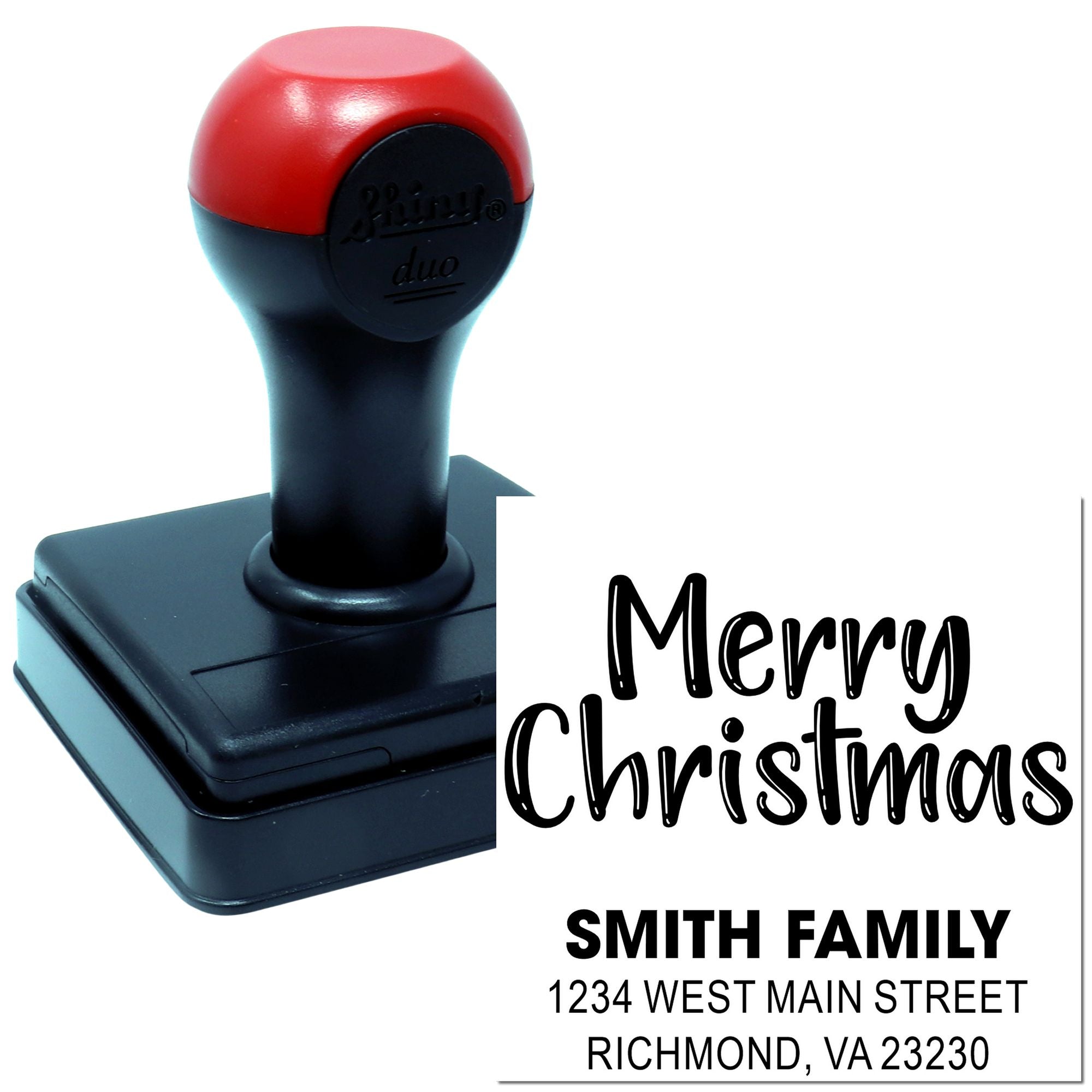 Custom Merry Christmas self-inking rubber stamp with Smith Family return address for holiday cards and envelopes.