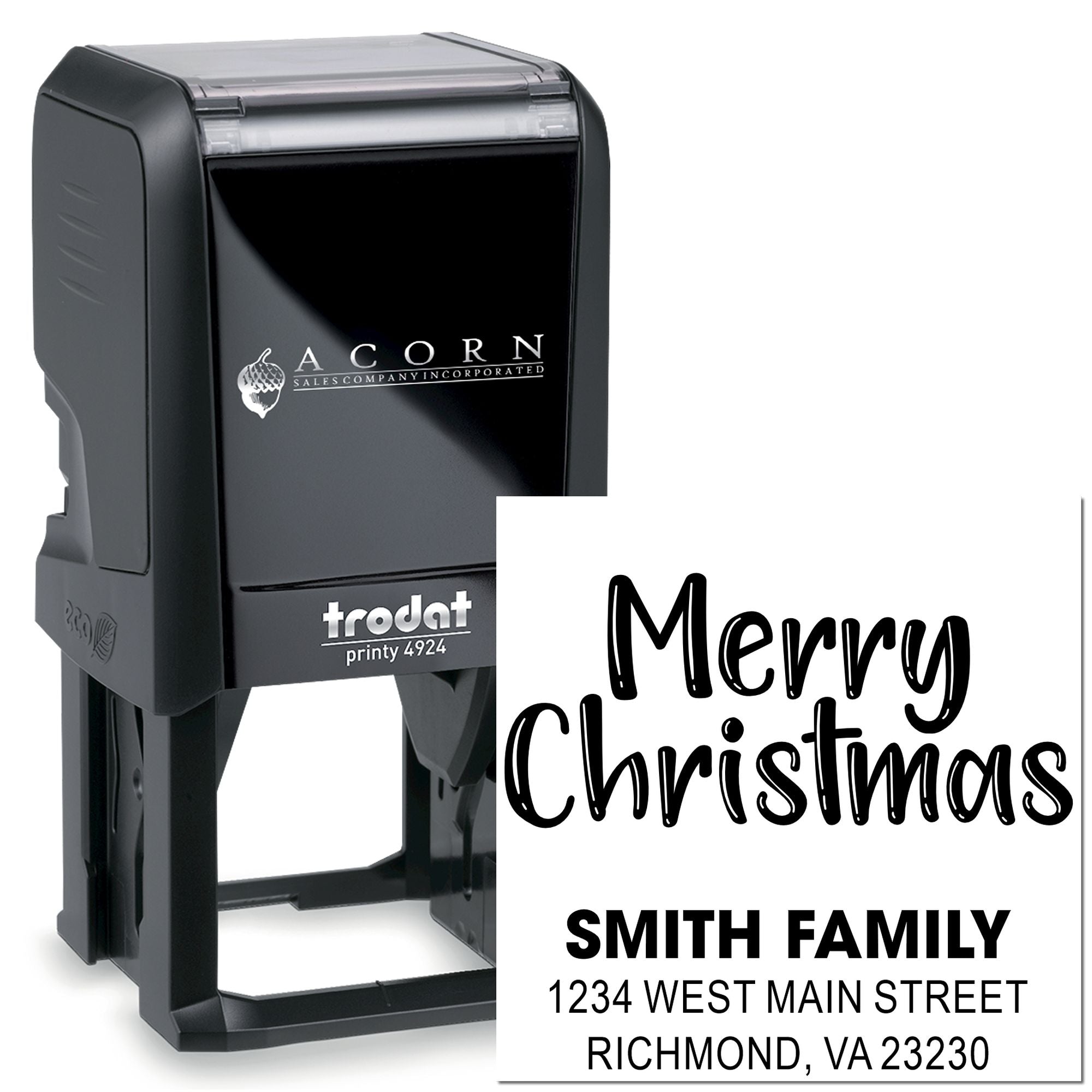 Personalized self-inking rubber stamp with Merry Christmas greeting, Smith family name, and return address.
