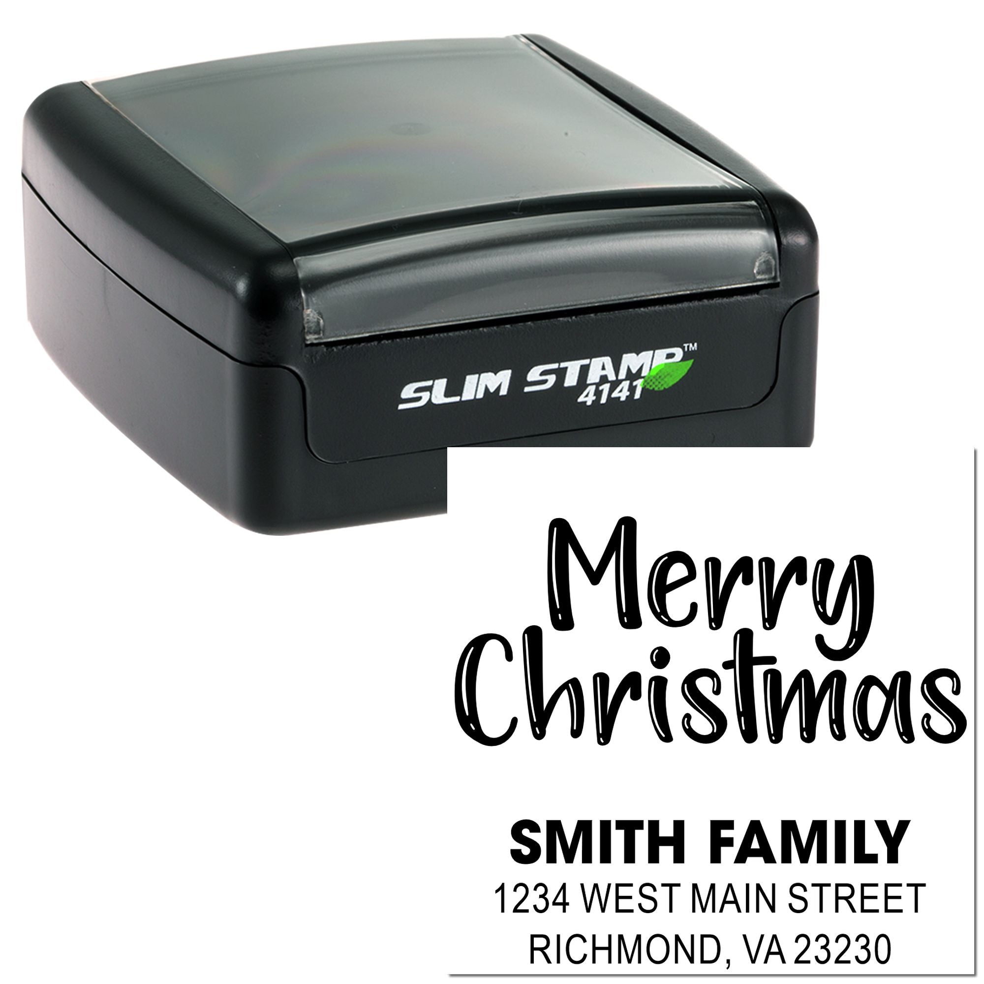 Personalized self-inking rubber stamp with Merry Christmas design and address for holiday cards and family mailings.