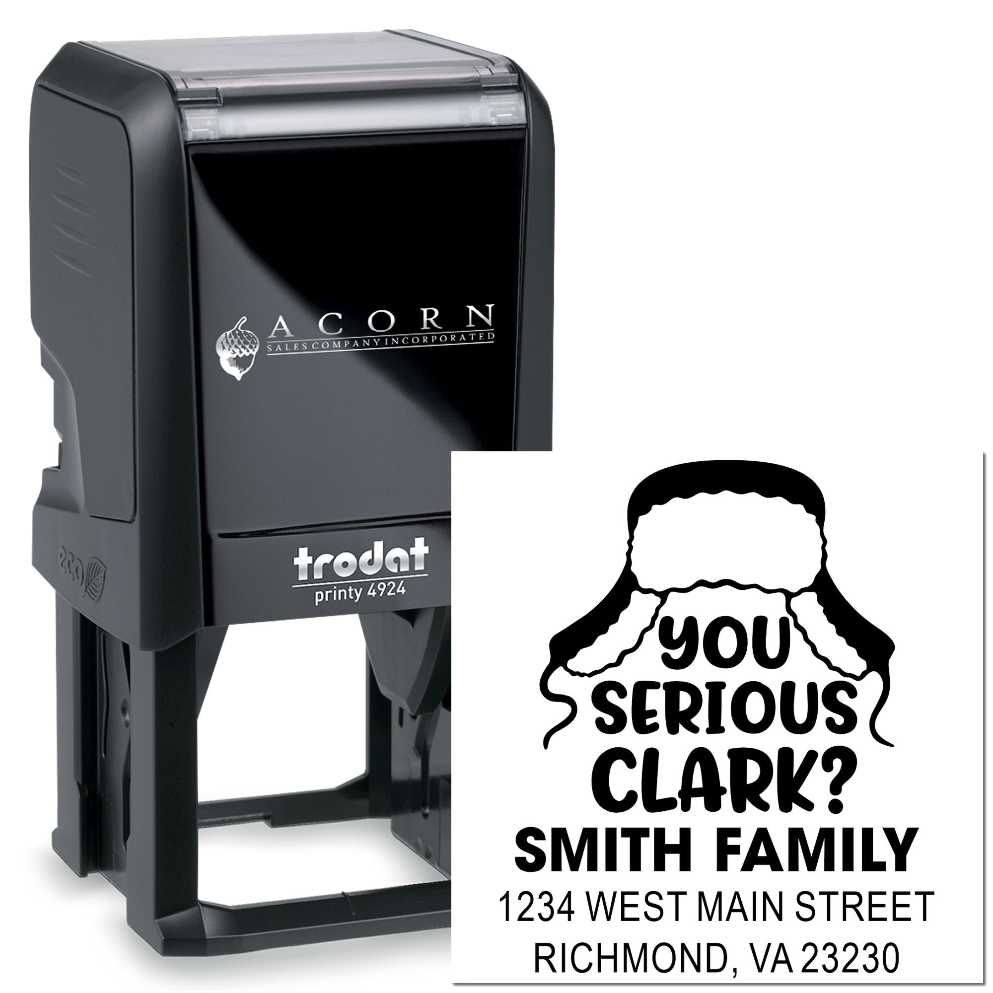Custom self-inking rubber stamp with You Serious Clark? family address imprint, ideal for personalized mailing.