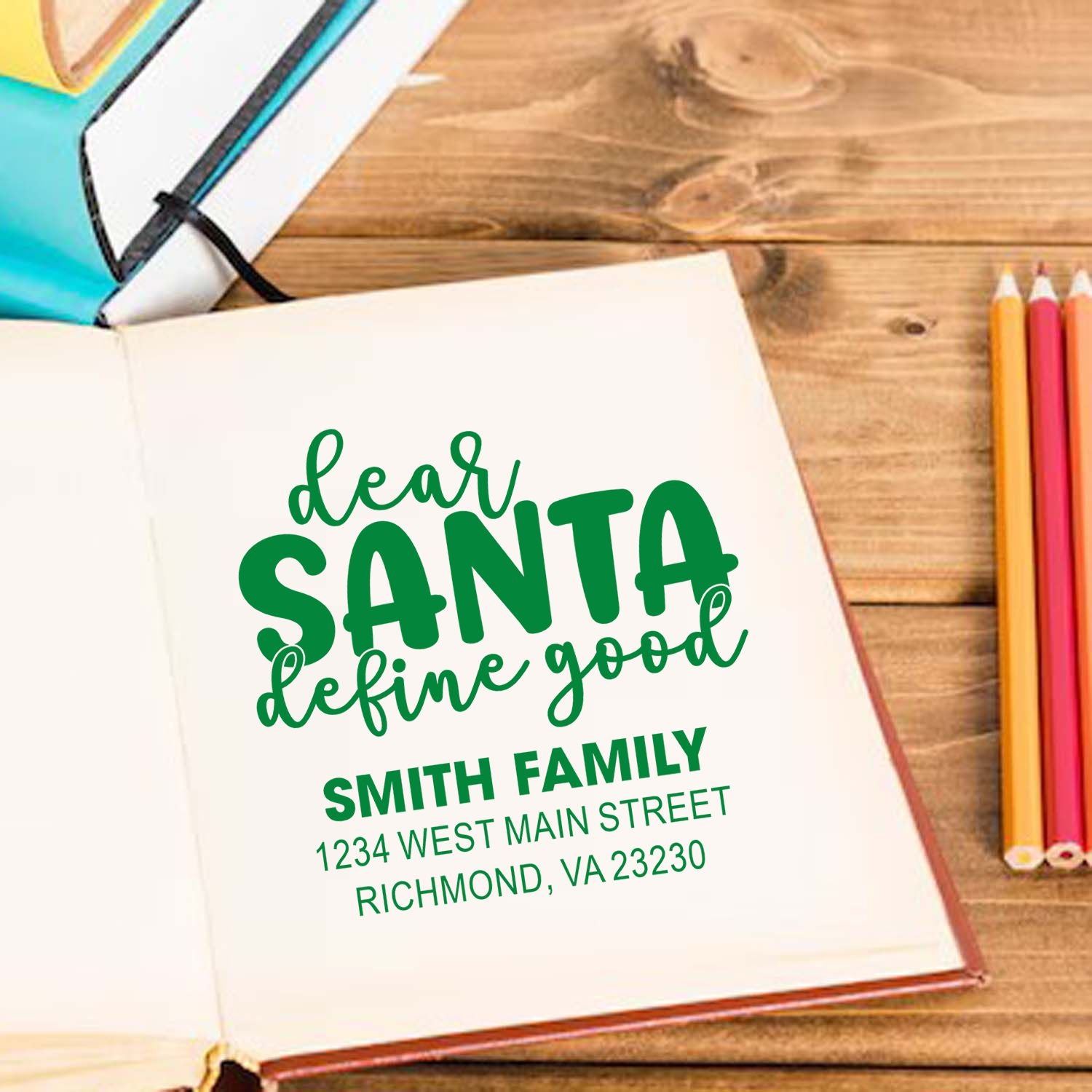 Custom holiday rubber stamp with Dear Santa, define good and family name and address for Christmas cards and gifts.