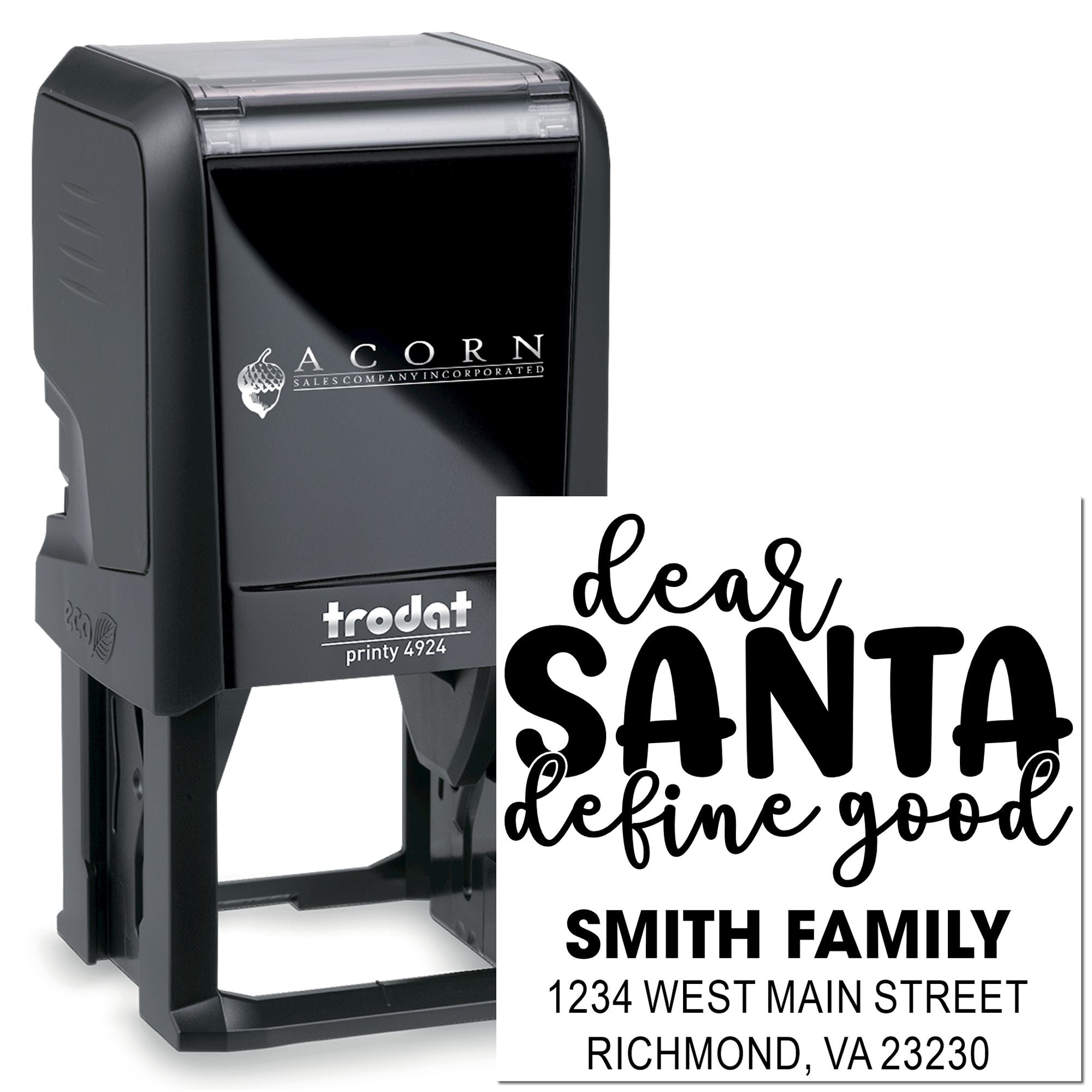 Custom self-inking rubber stamp with Dear Santa holiday return address for Smith family mailings.