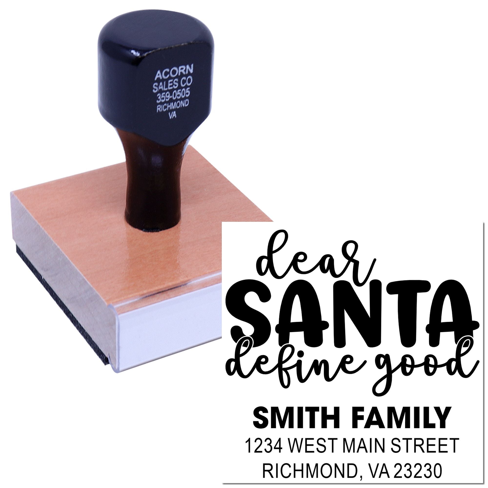 Custom rubber holiday return address stamp with Santa design for Smith Family, Richmond VA personalized mailing and gift packaging.