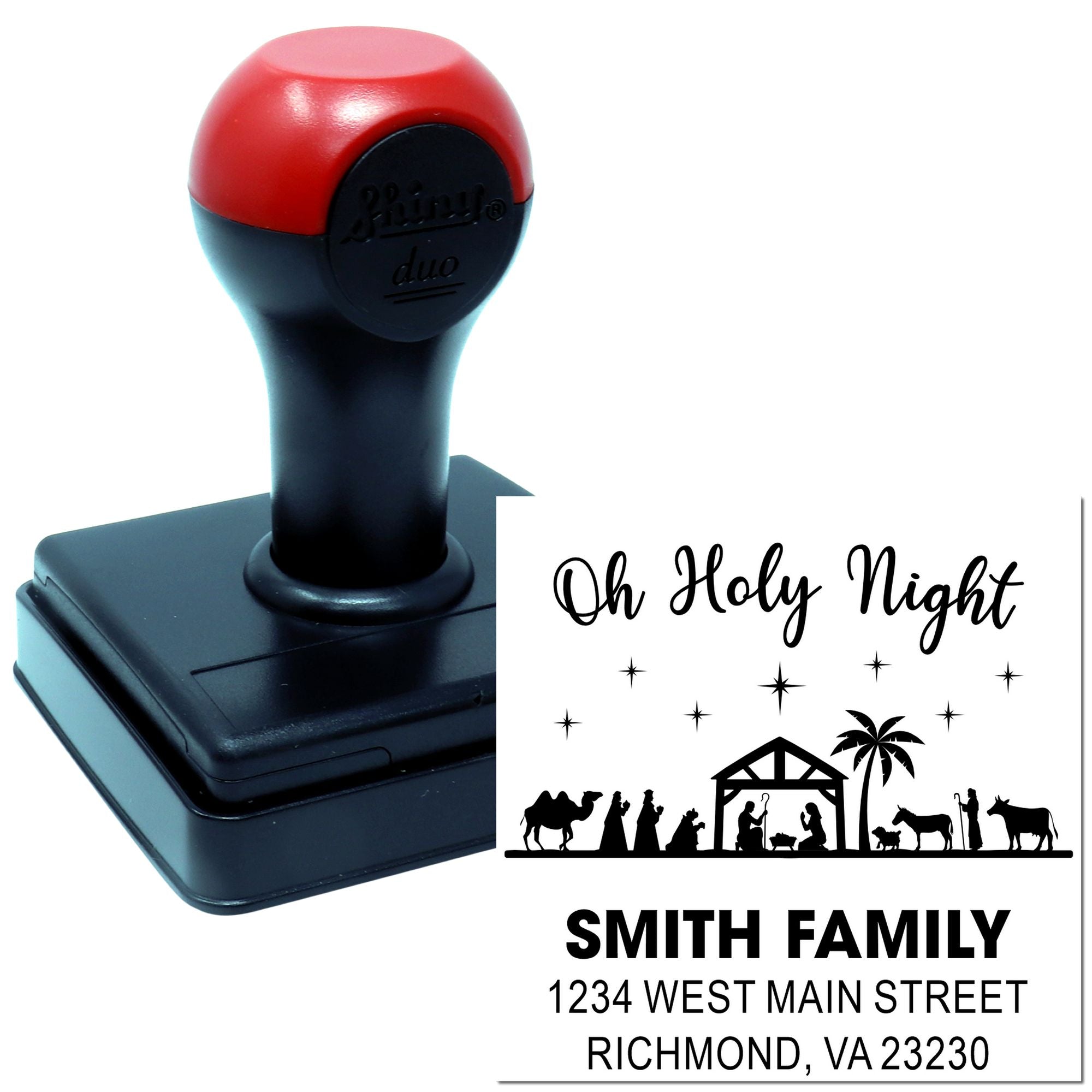 Custom self-inking rubber stamp with Oh Holy Night nativity design and family return address for Christmas card envelopes.