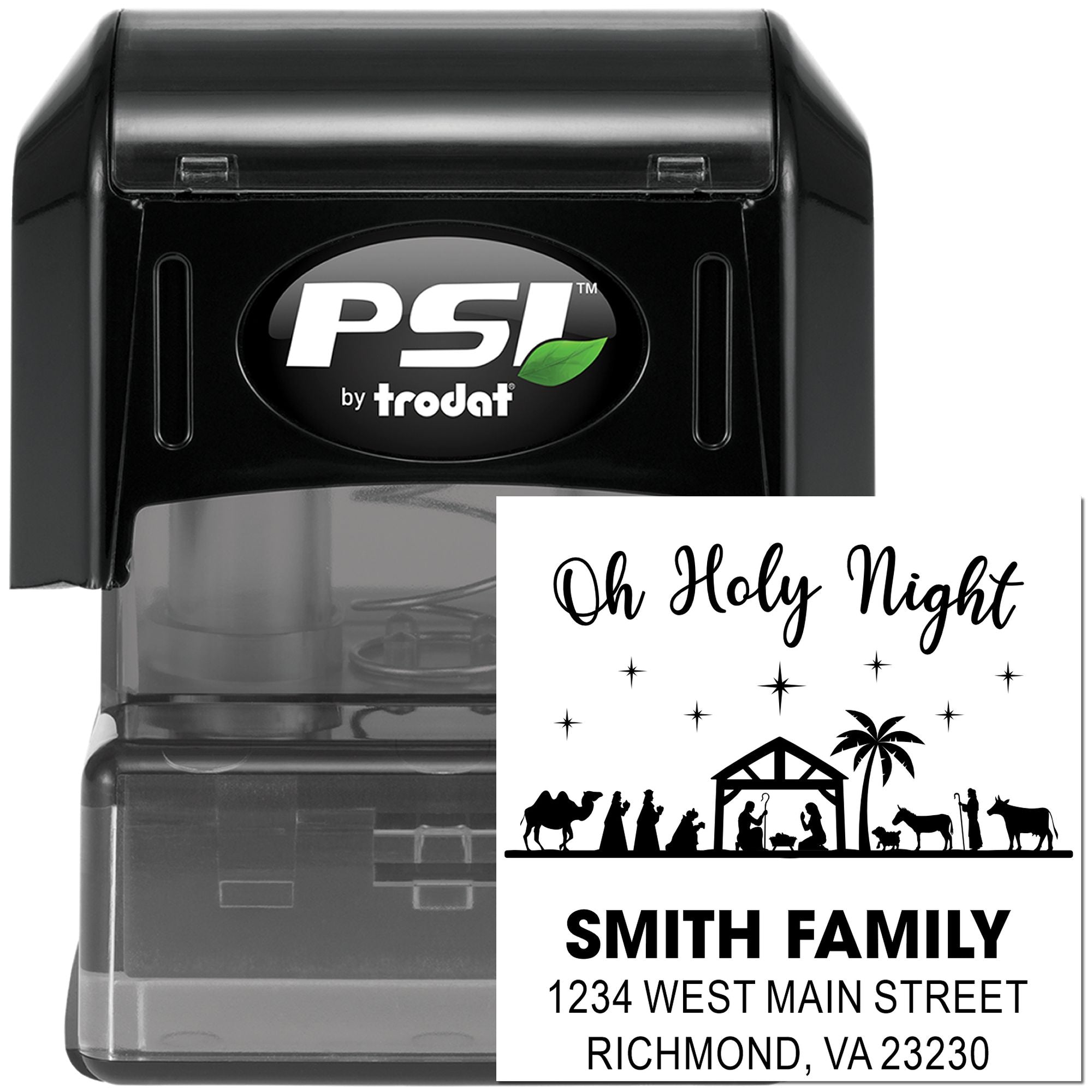 Custom holiday address rubber stamp with Oh Holy Night design, Smith family name, and return address.