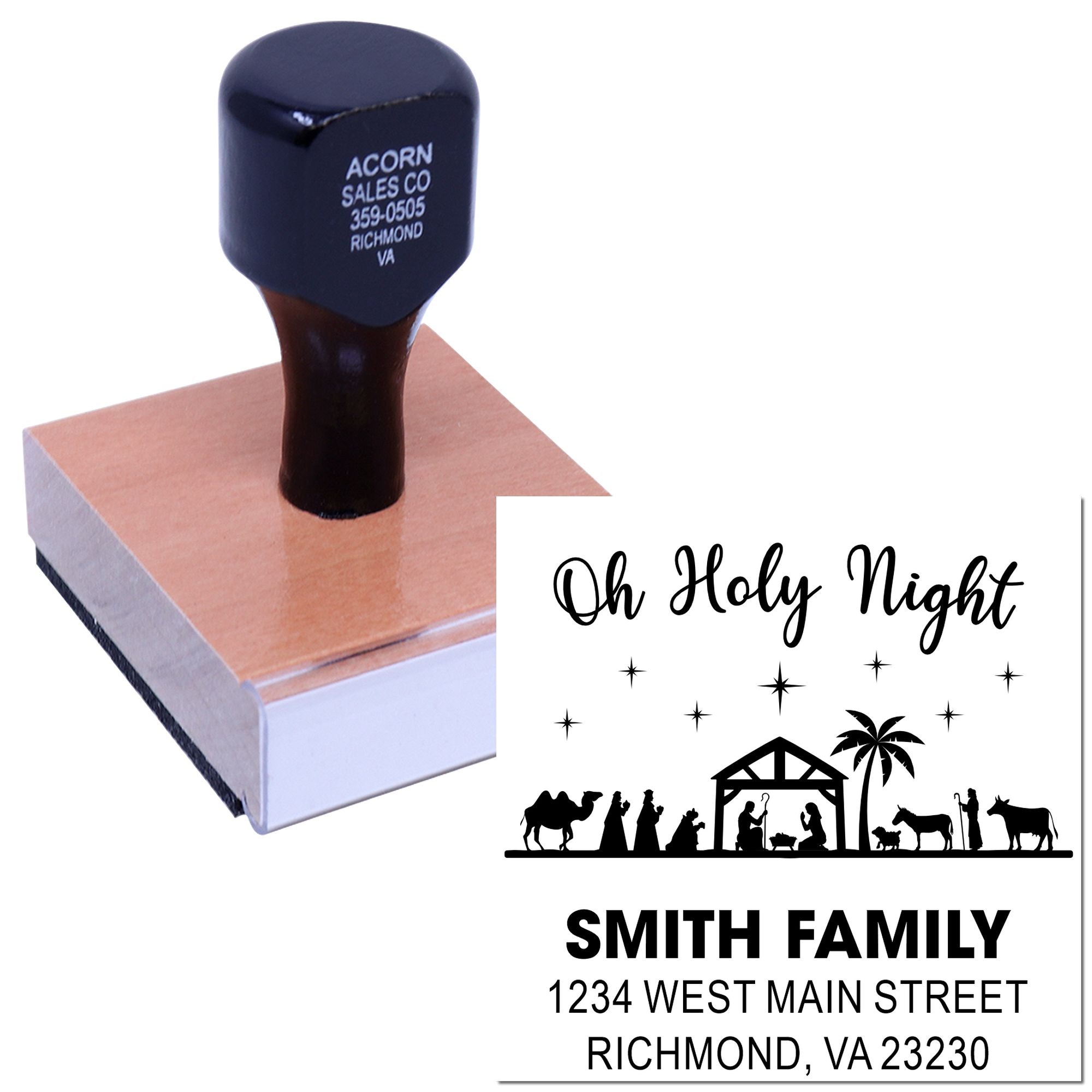 Custom family address rubber stamp with Oh Holy Night nativity design for Christmas cards and holiday envelopes