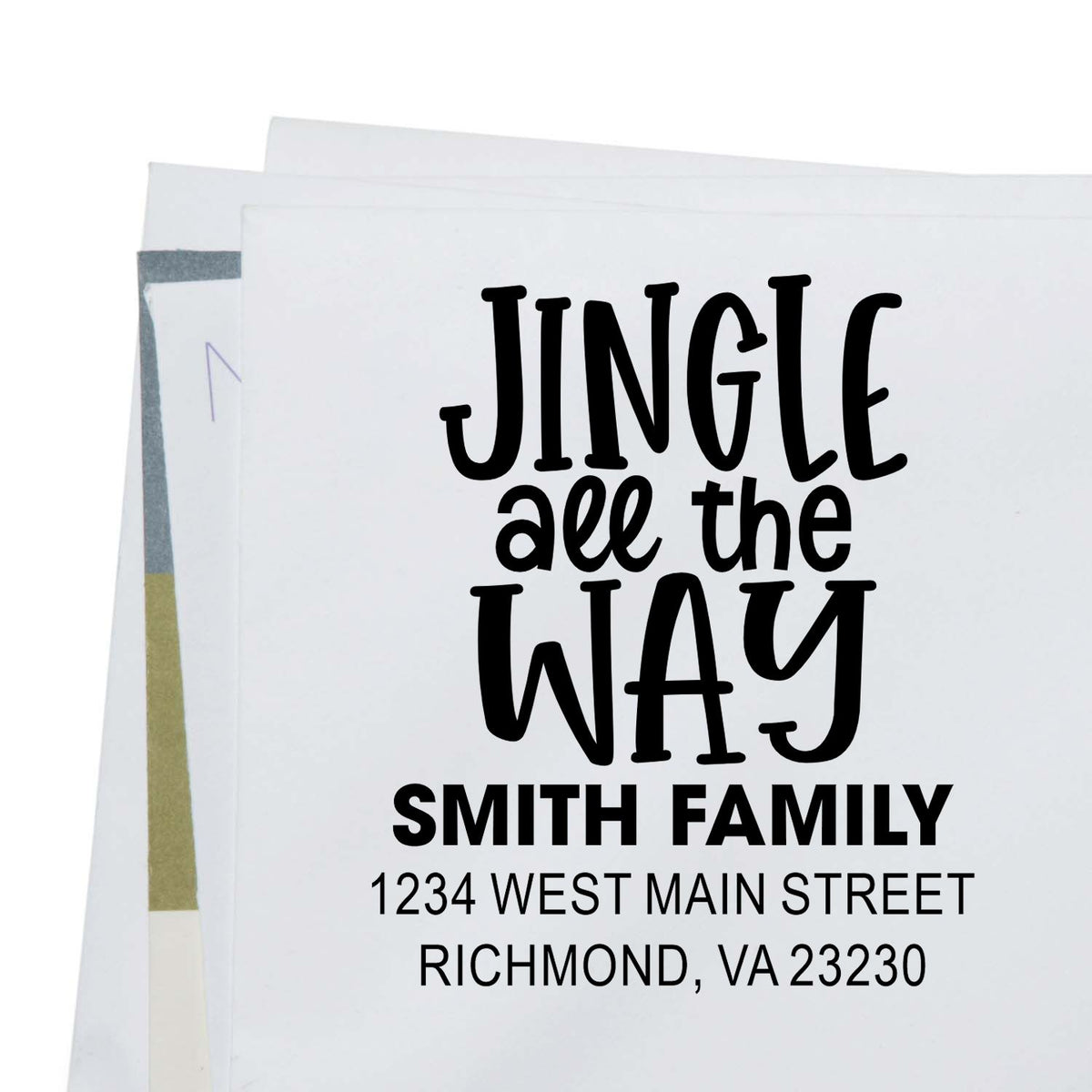 Custom rubber address stamp with Jingle All the Way holiday design for Smith family return mail.