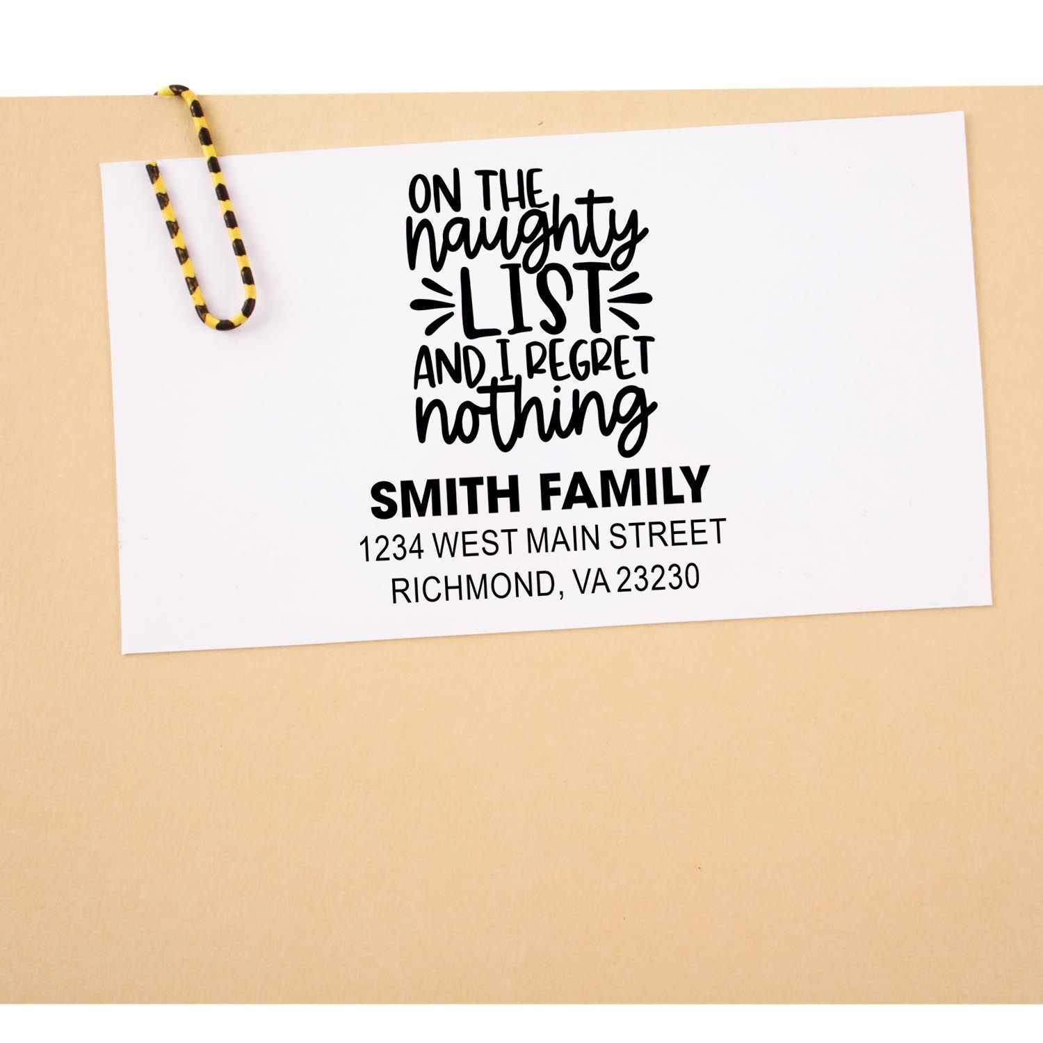 Custom holiday return address rubber stamp with On the Naughty List design for Christmas cards and envelopes