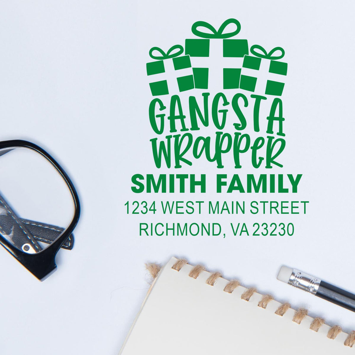 Custom Gangsta Wrapper rubber stamp with gift icon, Smith Family name, and Richmond, VA return address for holiday gifts.
