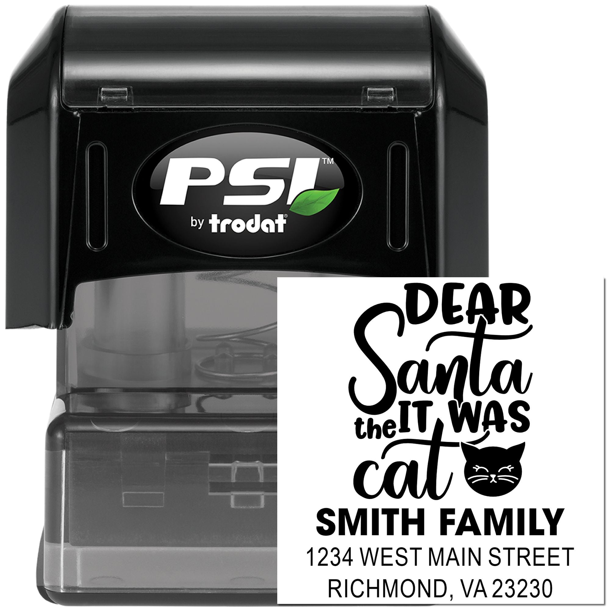 PSI by Trodat self-inking rubber stamp with custom Dear Santa, it was the cat holiday return address design.
