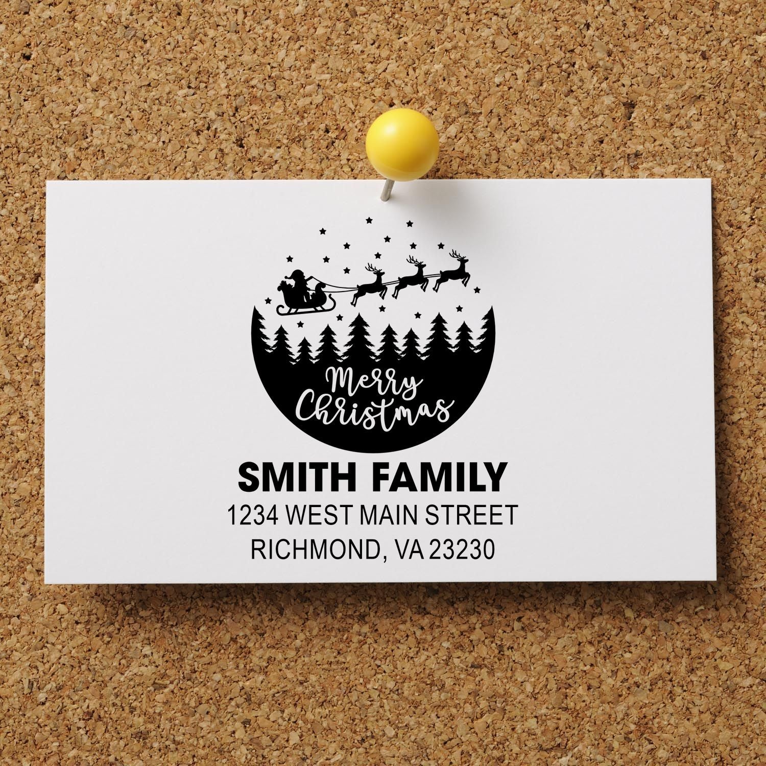 Personalized Christmas return address rubber stamp with Santa sleigh, trees, and Smith family address on holiday card design.