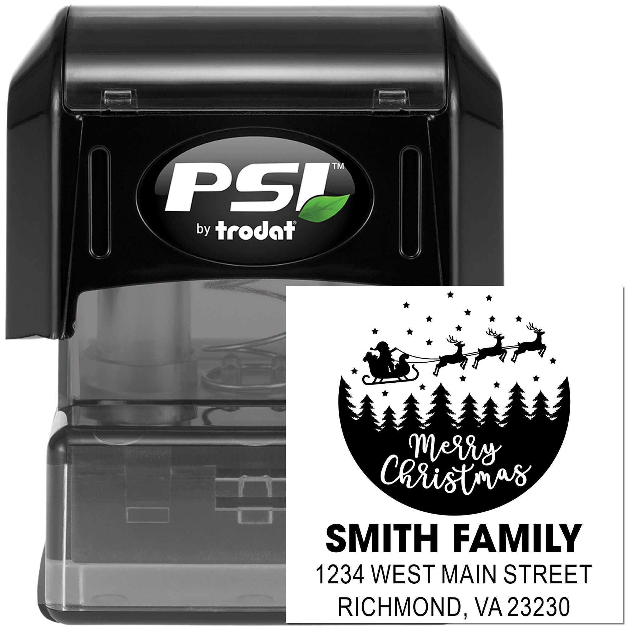 Custom Christmas return address rubber stamp with Merry Christmas Santa design, Smith Family address, and PSI by Trodat self-inking case.