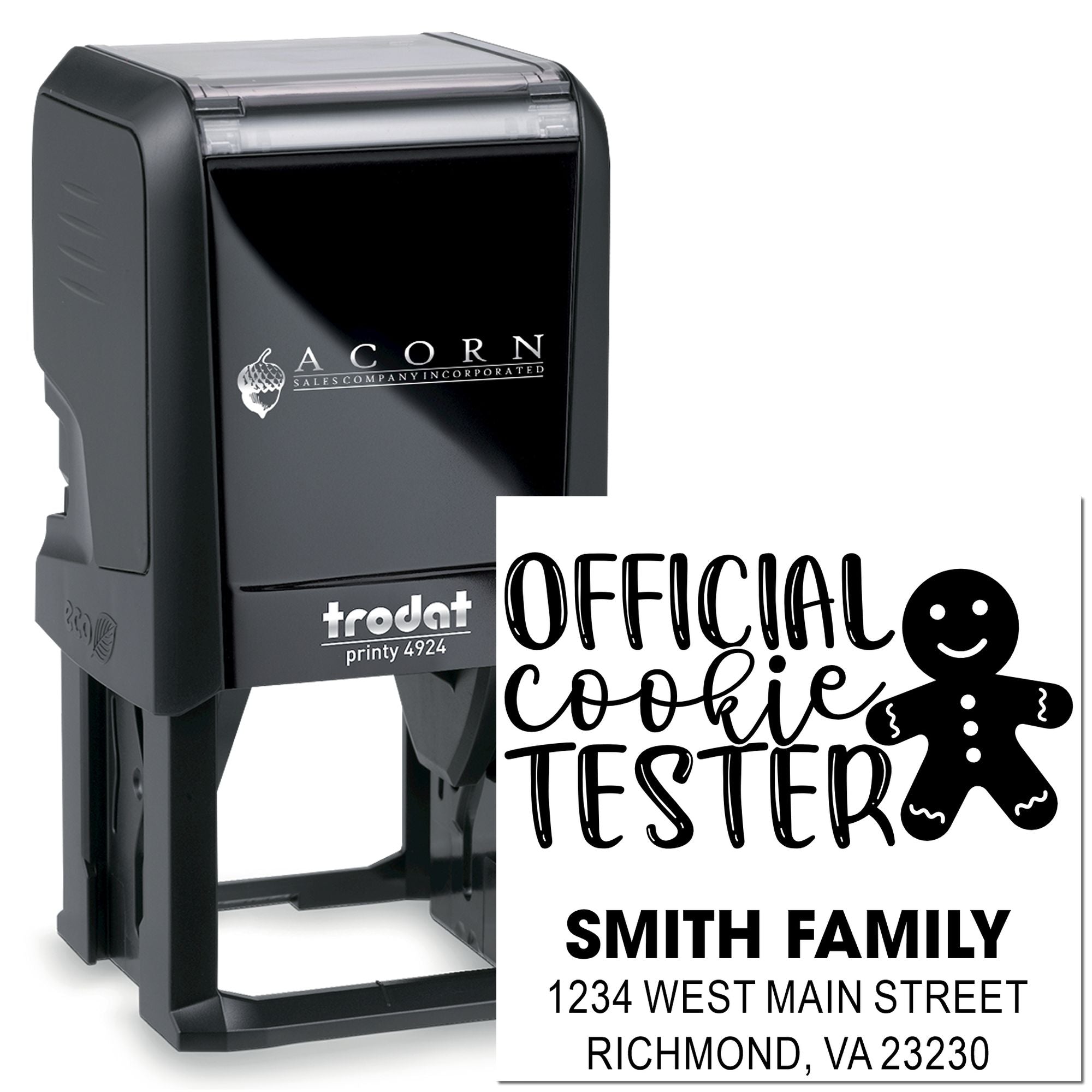 Custom self-inking rubber stamp with Official Cookie Tester and family address for personalized home or business use.