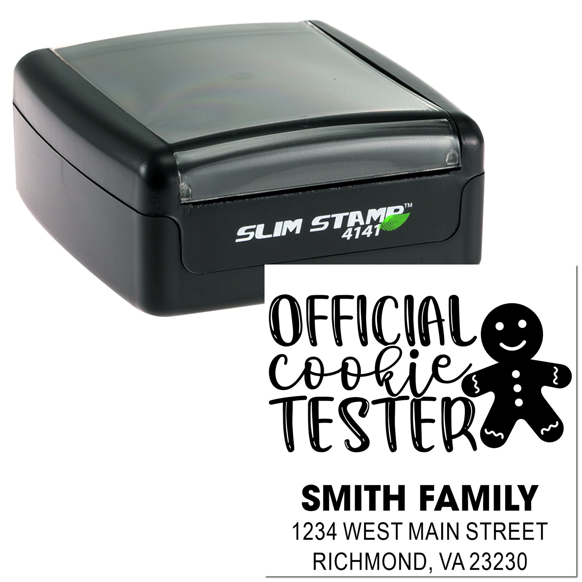 Self-inking rubber stamp with custom Official Cookie Tester text and personalized Smith family address.