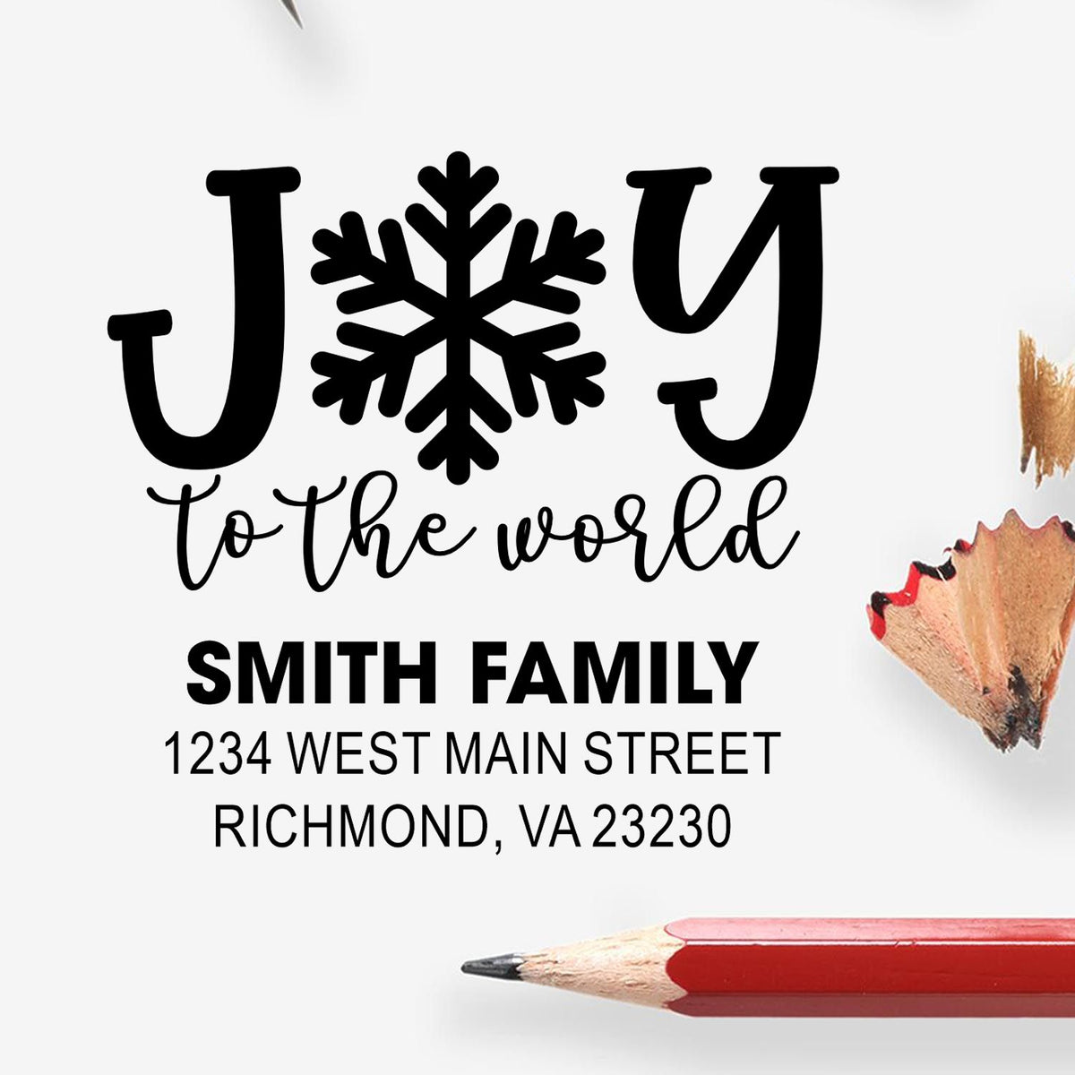 Custom holiday return address rubber stamp with Joy to the World snowflake design for the Smith Family, Richmond VA.