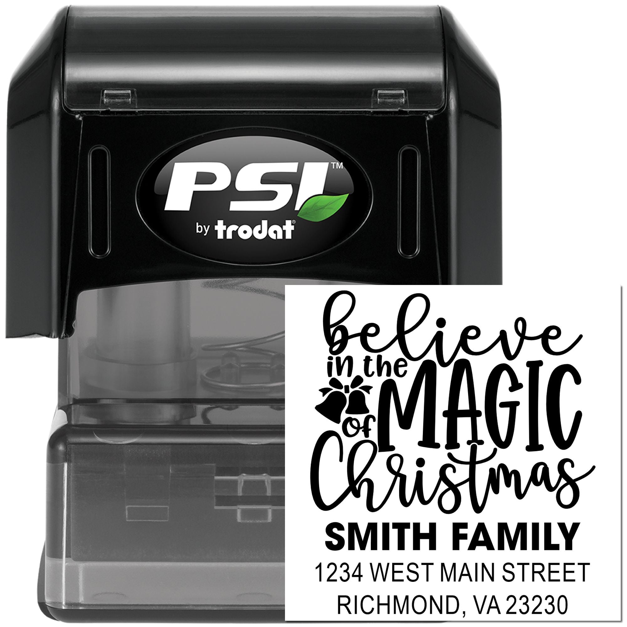 PSI by Trodat self-inking rubber stamp with custom Christmas return address and Believe in the Magic of Christmas design