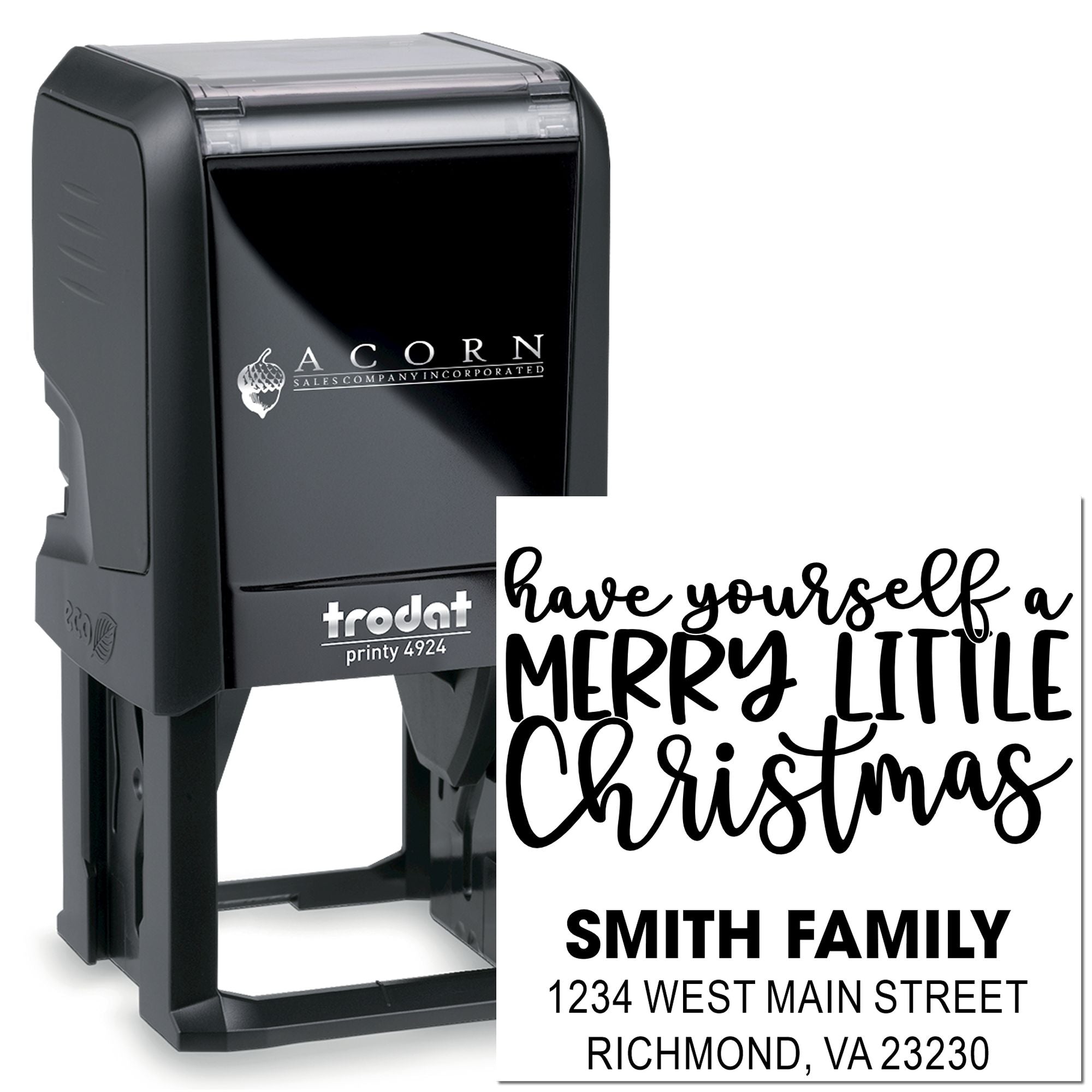 Self-inking custom rubber stamp for holiday cards with Merry Little Christmas design and Smith family return address.