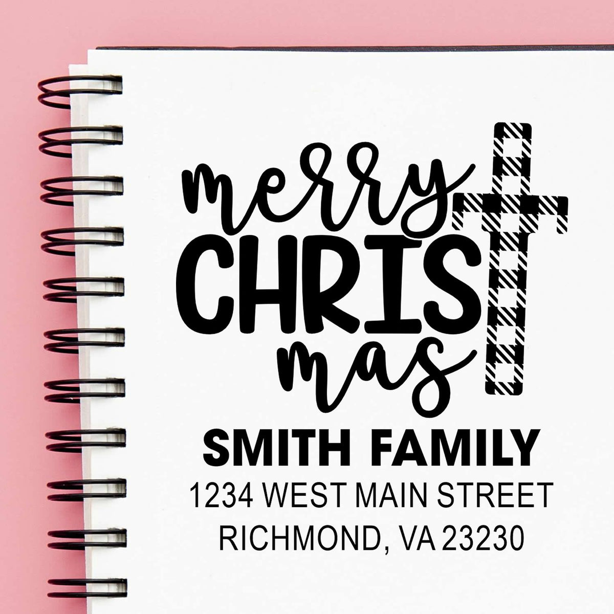 Personalized Merry Christmas rubber stamp design with Smith family name and Richmond, VA address for holiday stationery.