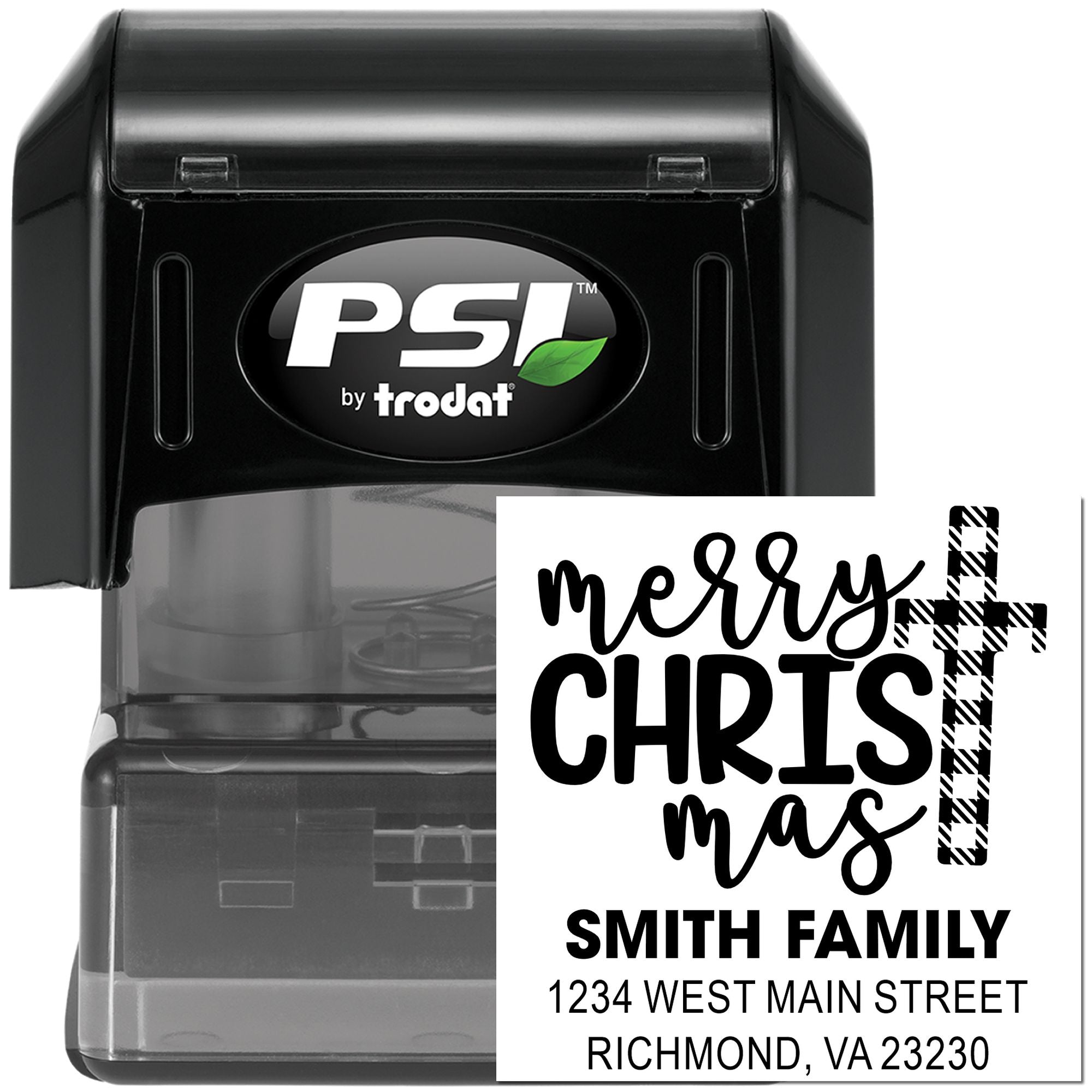 Personalized Merry Christmas return address self-inking rubber stamp with Smith family address for holiday cards and mail
