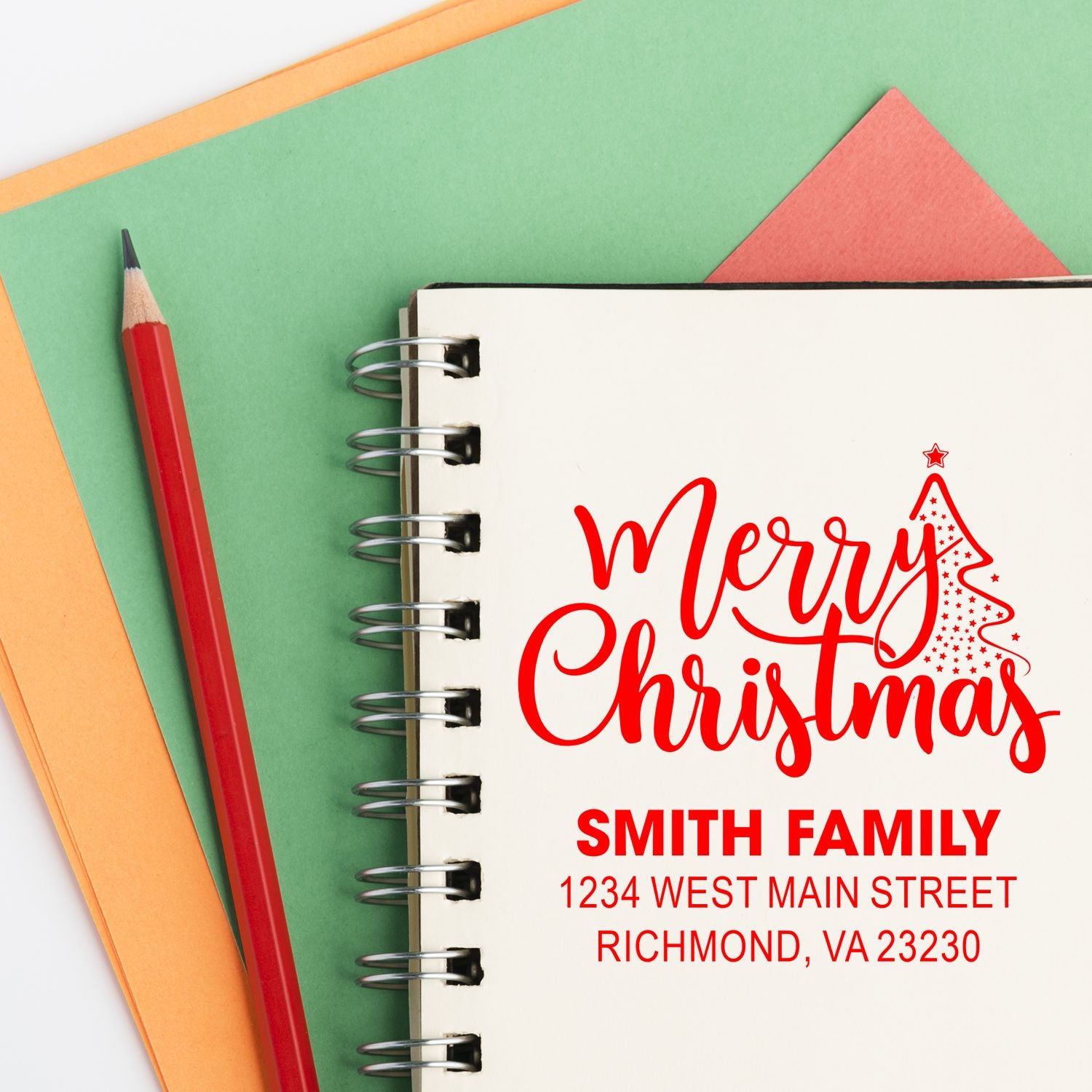 Personalized Merry Christmas rubber stamp with Smith Family return address for holiday cards and envelopes
