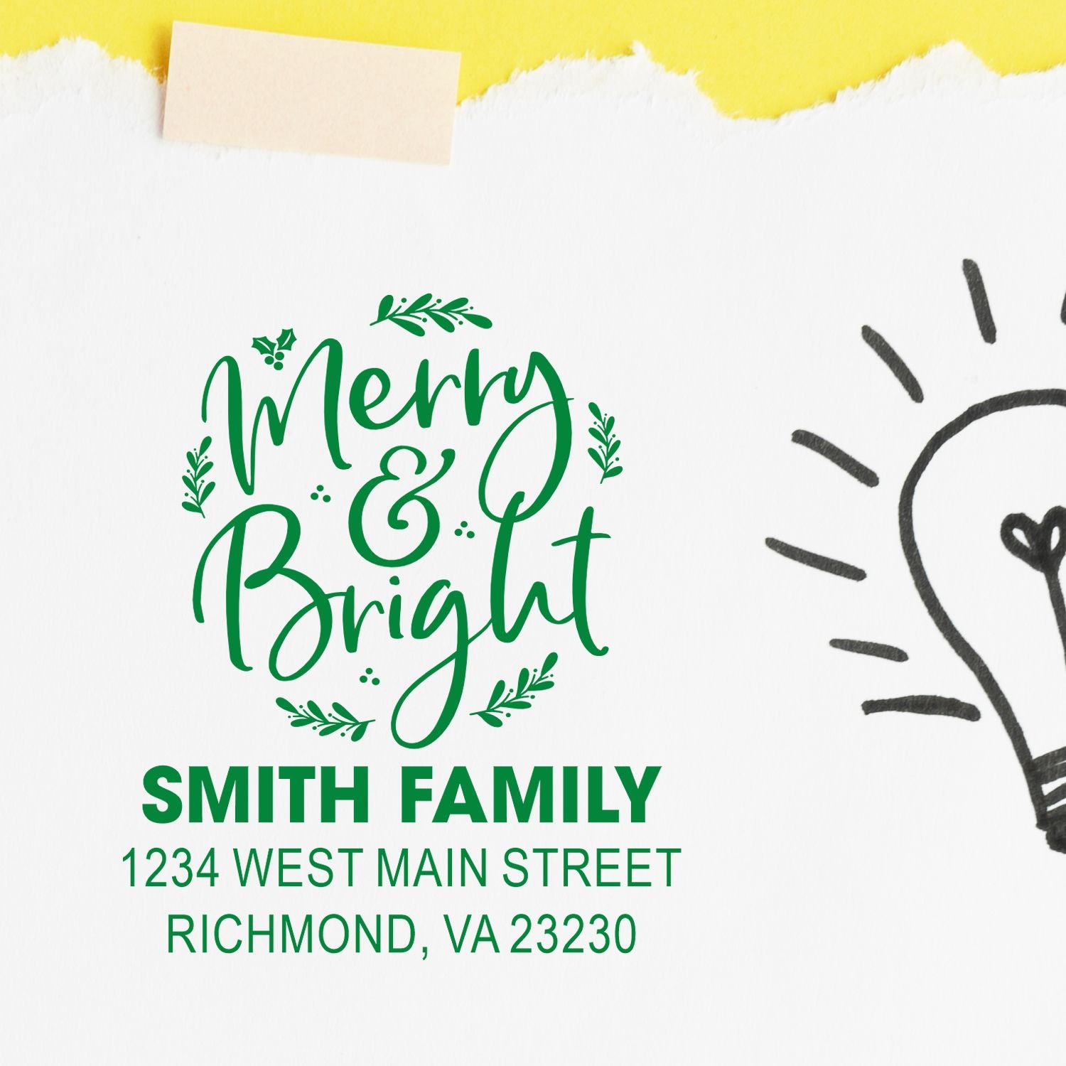 Custom Merry & Bright holiday return address rubber stamp for Smith Family, Richmond, VA 23230