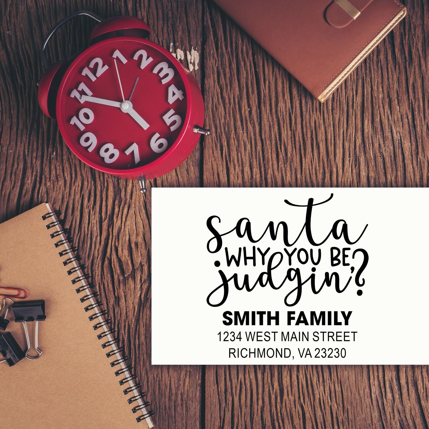 Personalized rubber return address stamp with Santa quote, Smith Family name, and address for holiday cards.