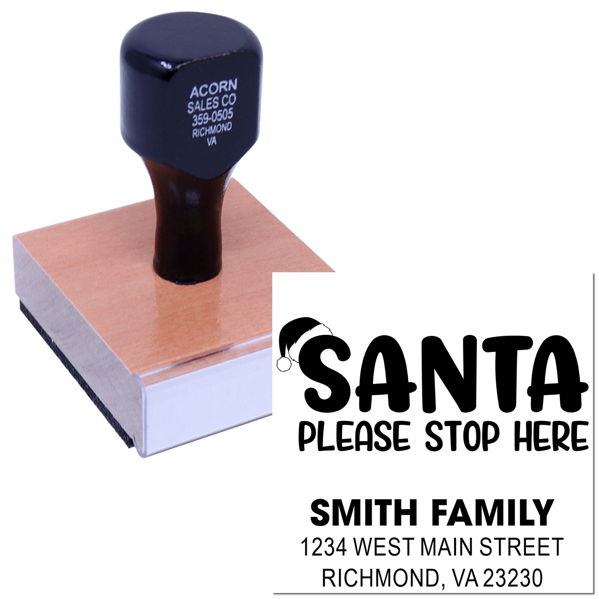 Custom self-inking rubber stamp with Santa Please Stop Here design and Smith family address for holiday mailings.