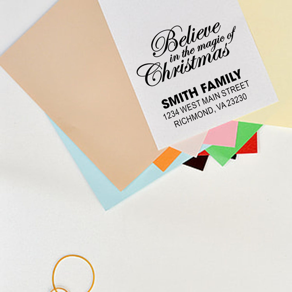 Personalized Christmas return address rubber stamp with Believe in the magic of Christmas holiday mail design.