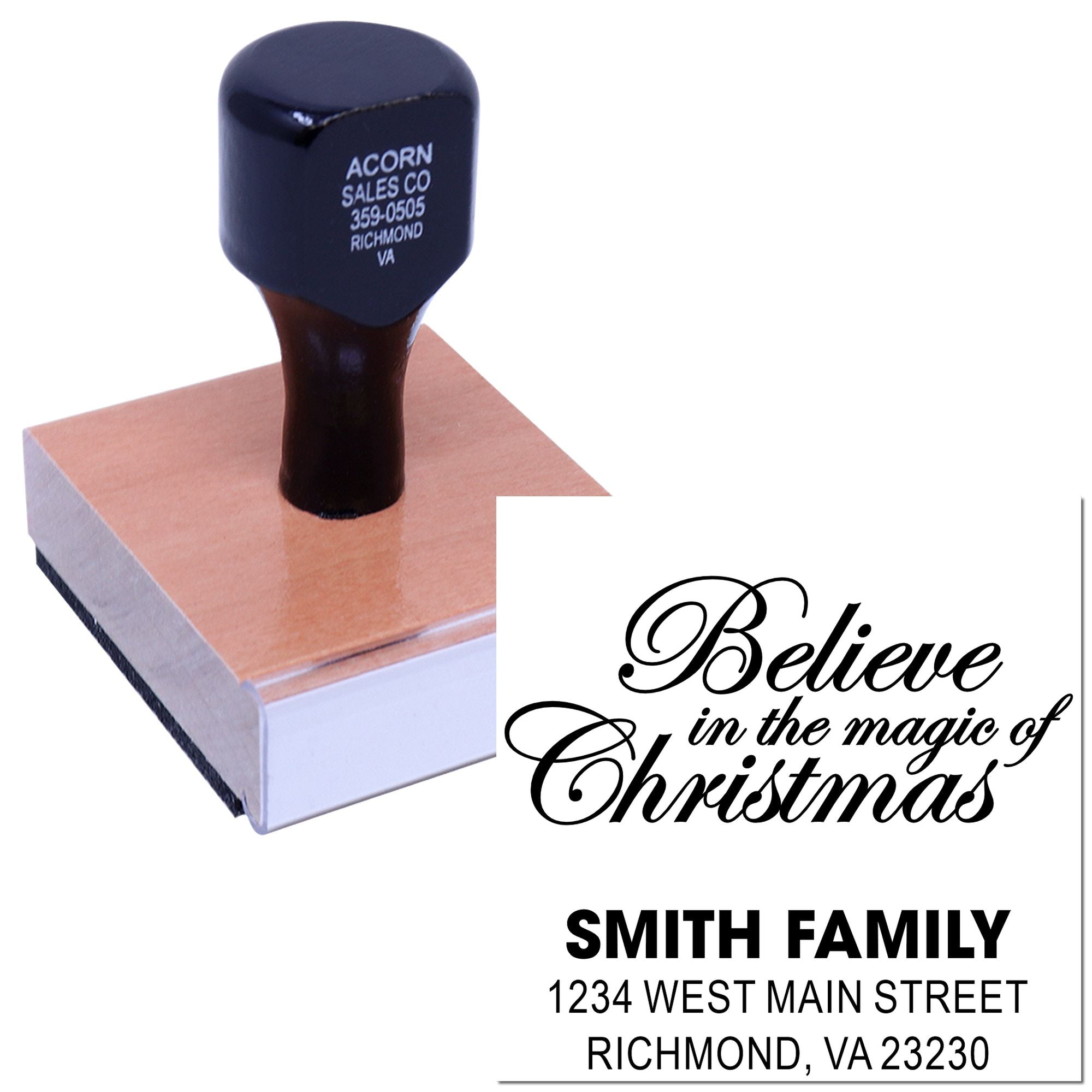 Custom Christmas rubber stamp with Believe in the magic of Christmas and Smith Family return address design.