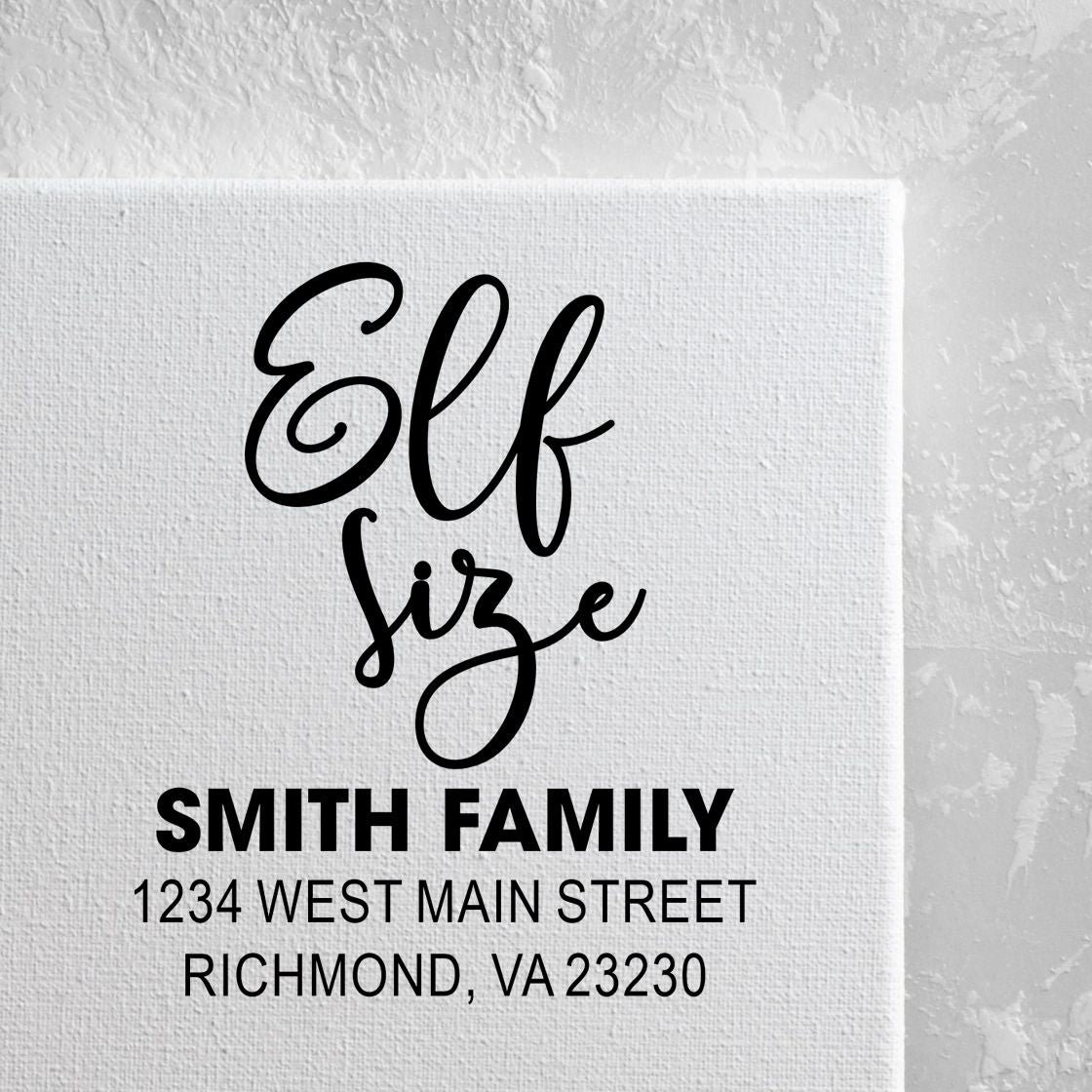 Custom Elf Size return address rubber stamp for Smith Family, 1234 West Main Street, Richmond, VA 23230