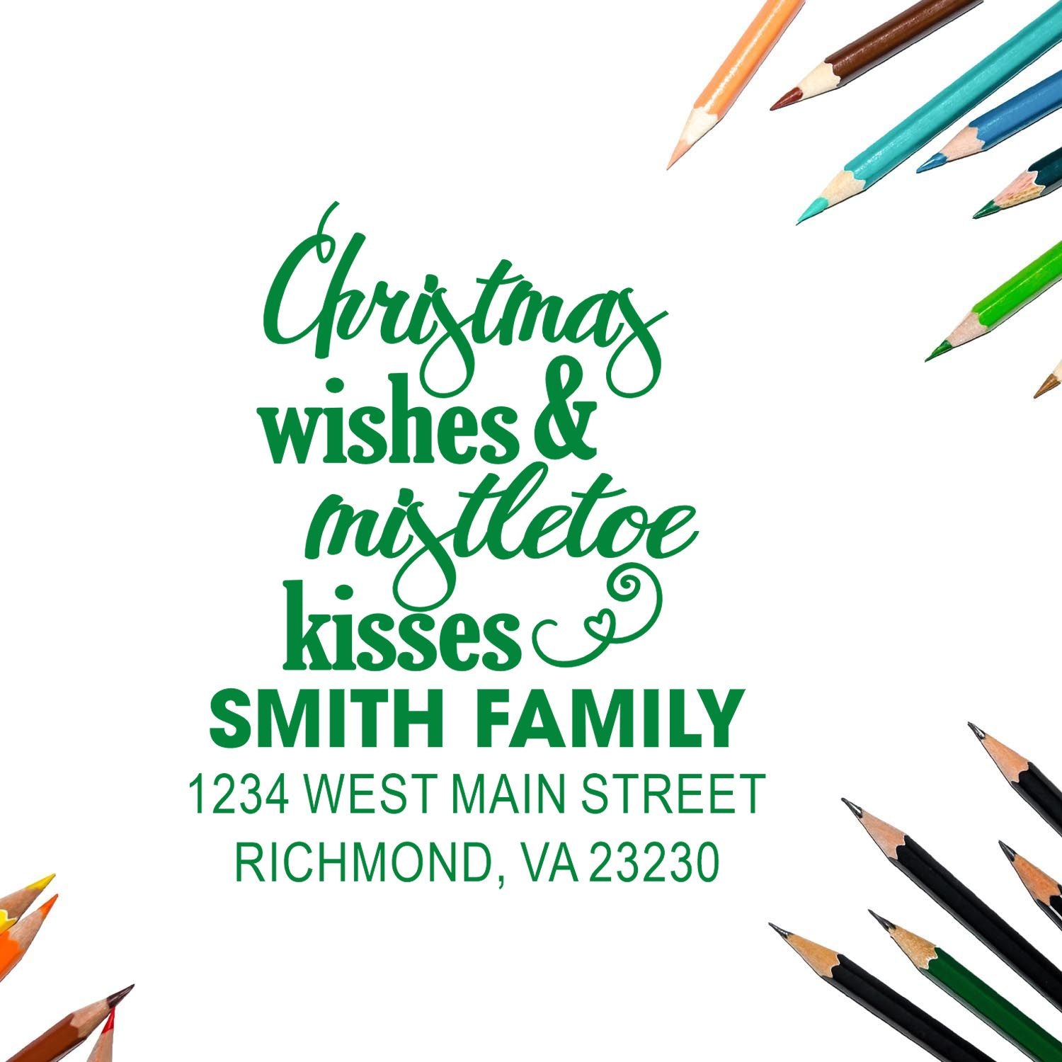 Custom Christmas return address rubber stamp with wishes and mistletoe kisses design for the Smith family.