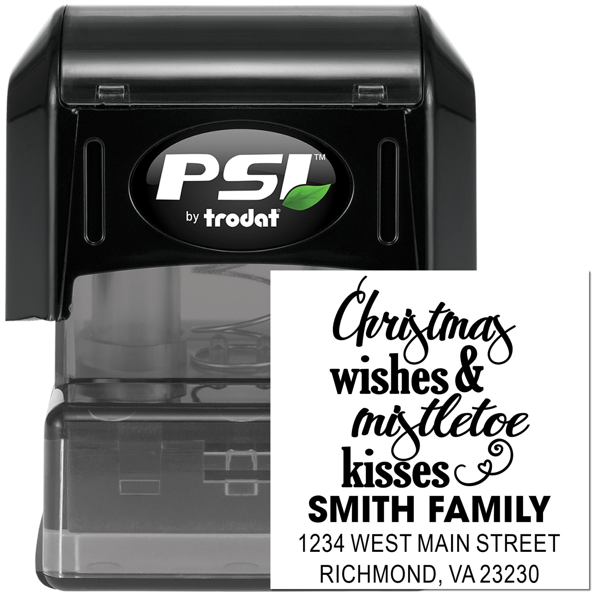 Holiday return address self-inking rubber stamp with custom Christmas wishes, family name, and address by PSI Trodat.