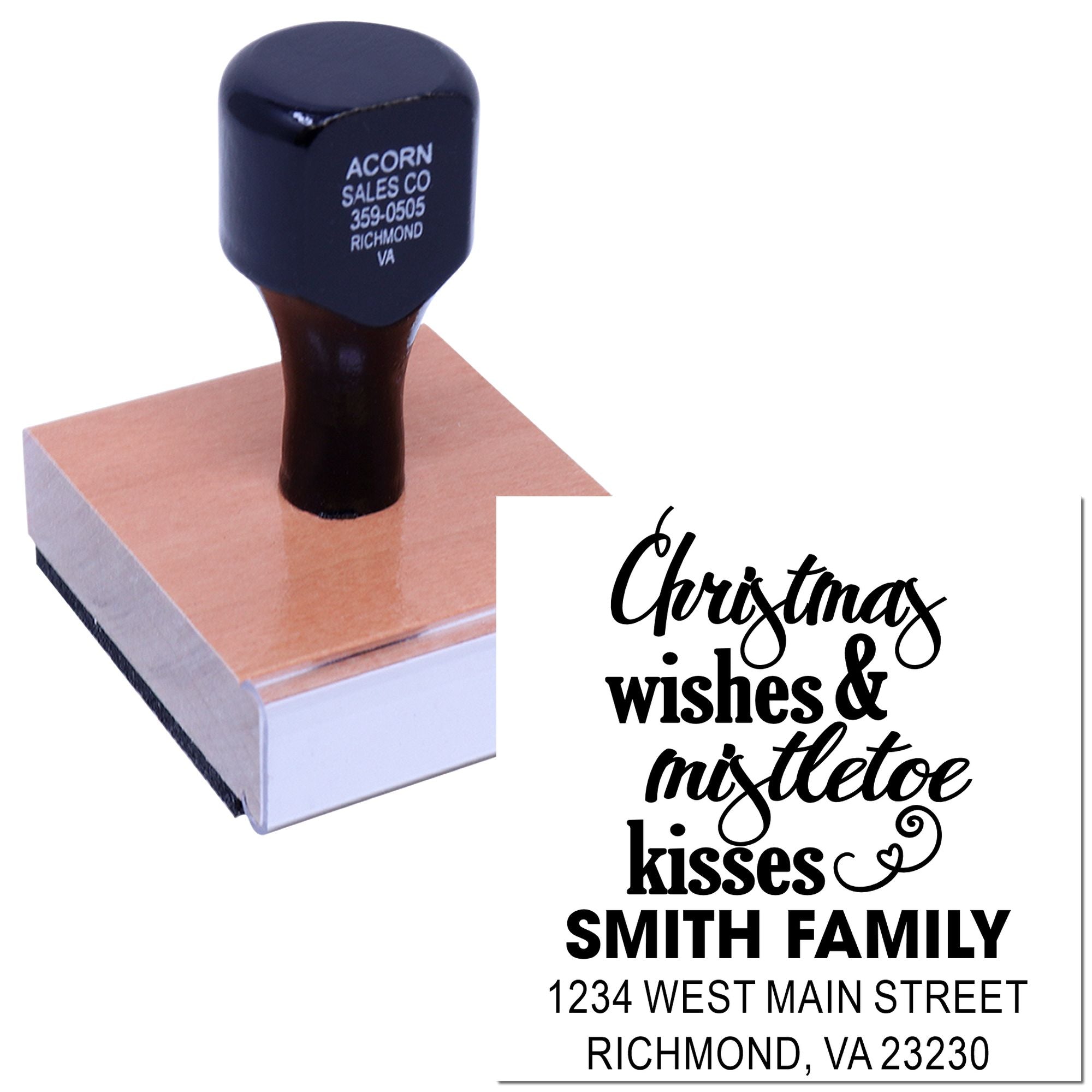 Personalized Christmas address rubber stamp with holiday message, family name, and custom return address for seasonal mailings.