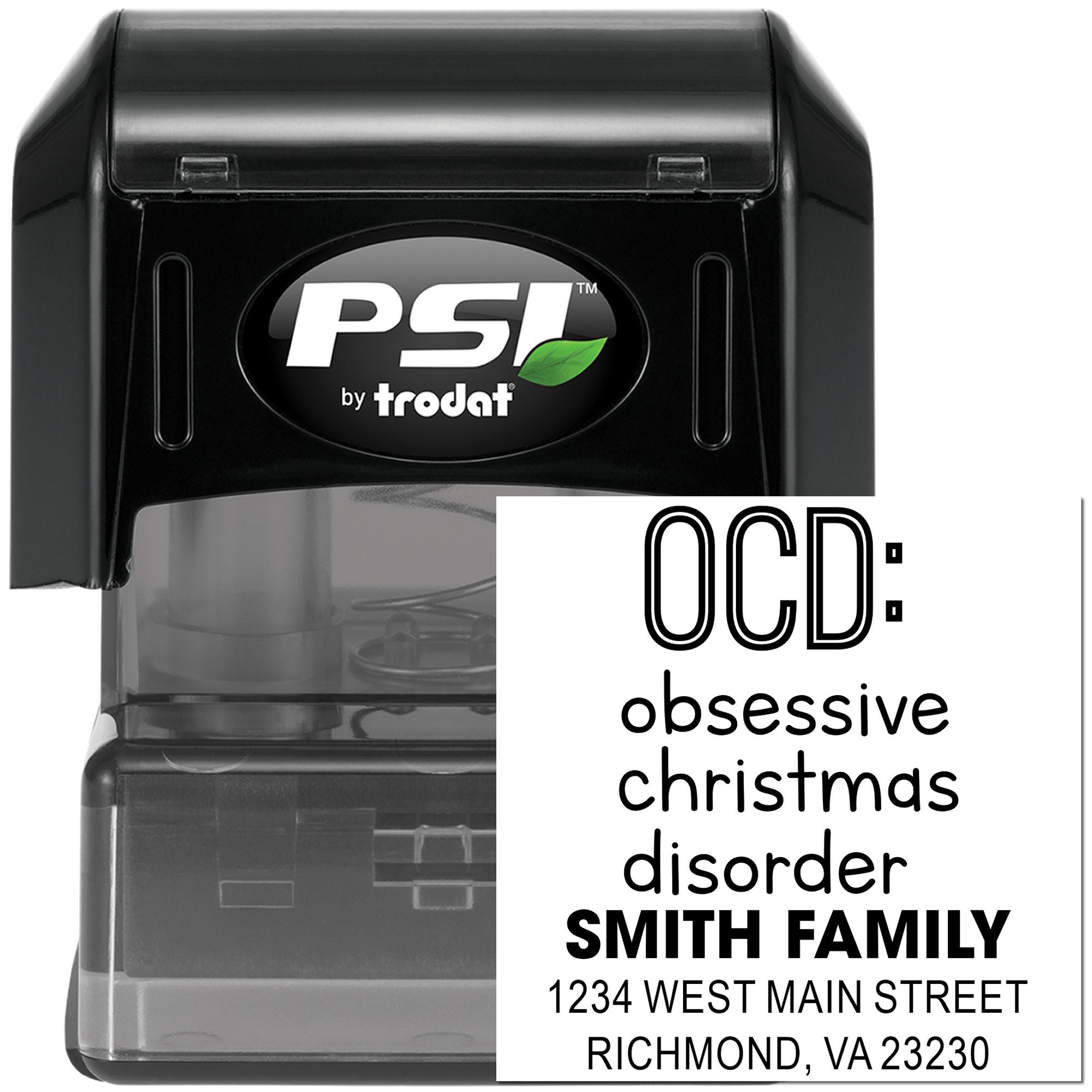 Custom self-inking rubber stamp with OCD: obsessive christmas disorder design, Smith Family address, for holiday mail.