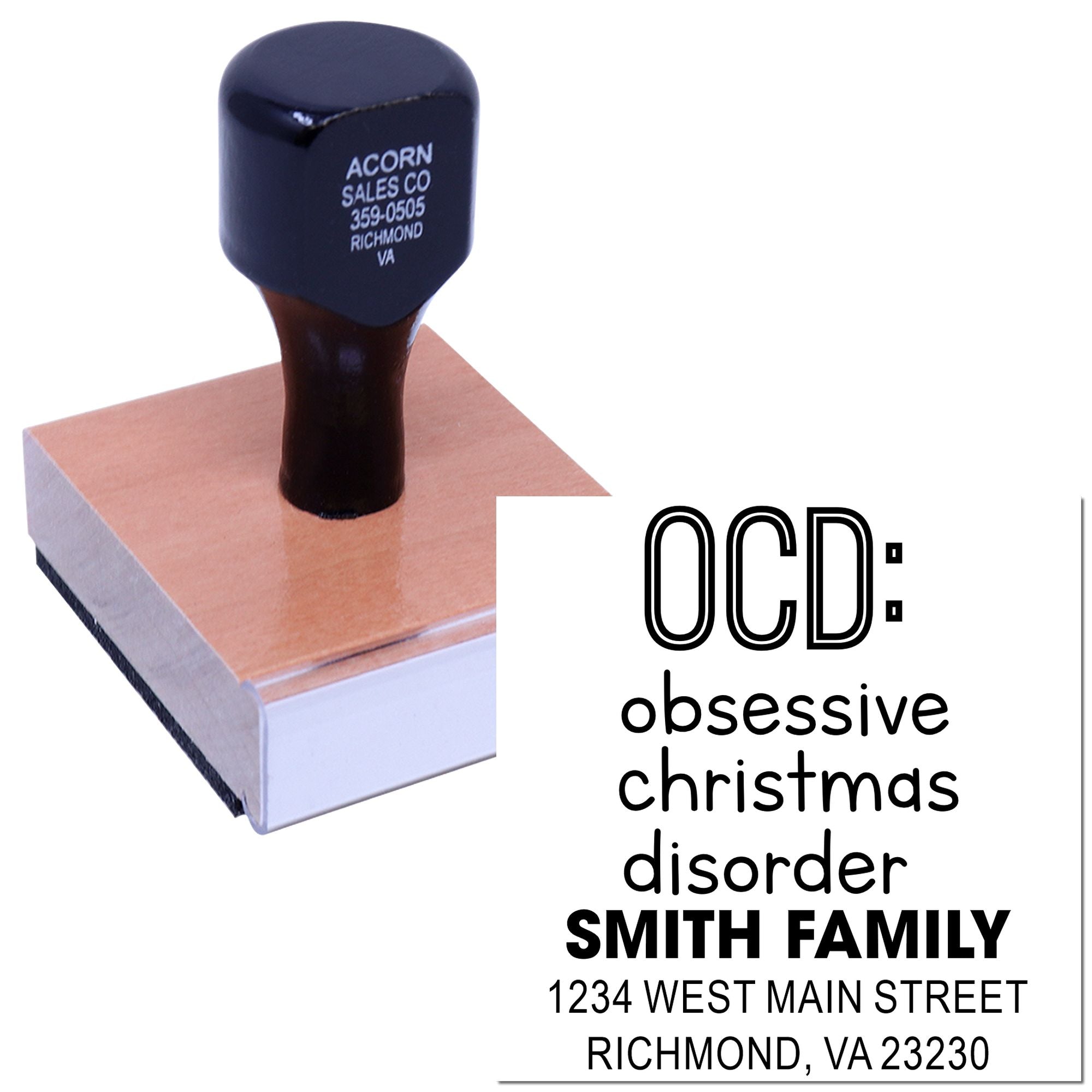 Custom self-inking rubber stamp with OCD: obsessive Christmas disorder and personalized Smith Family return address design.