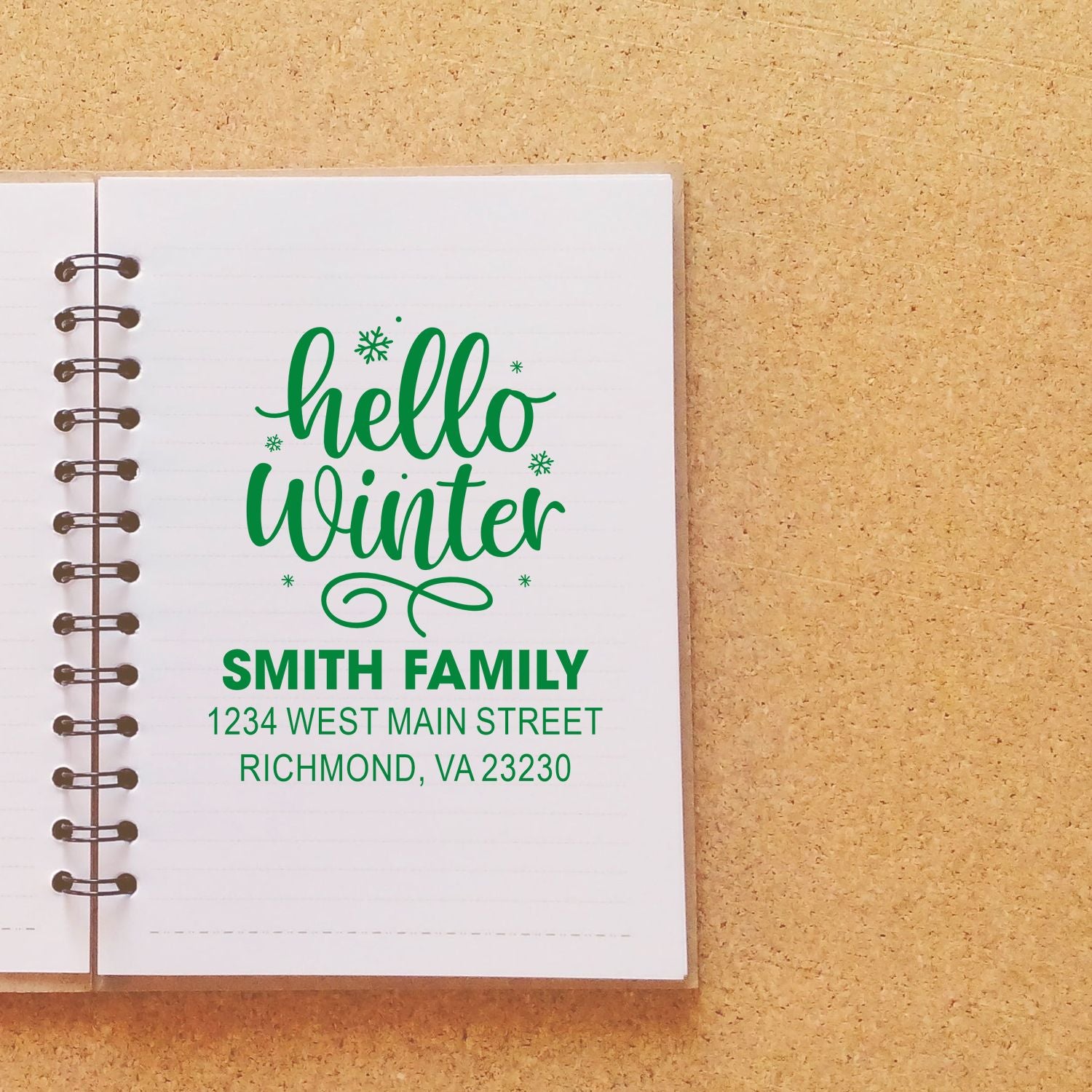 Custom holiday address rubber stamp with Hello Winter greeting for Smith Family, 1234 West Main Street, Richmond, VA