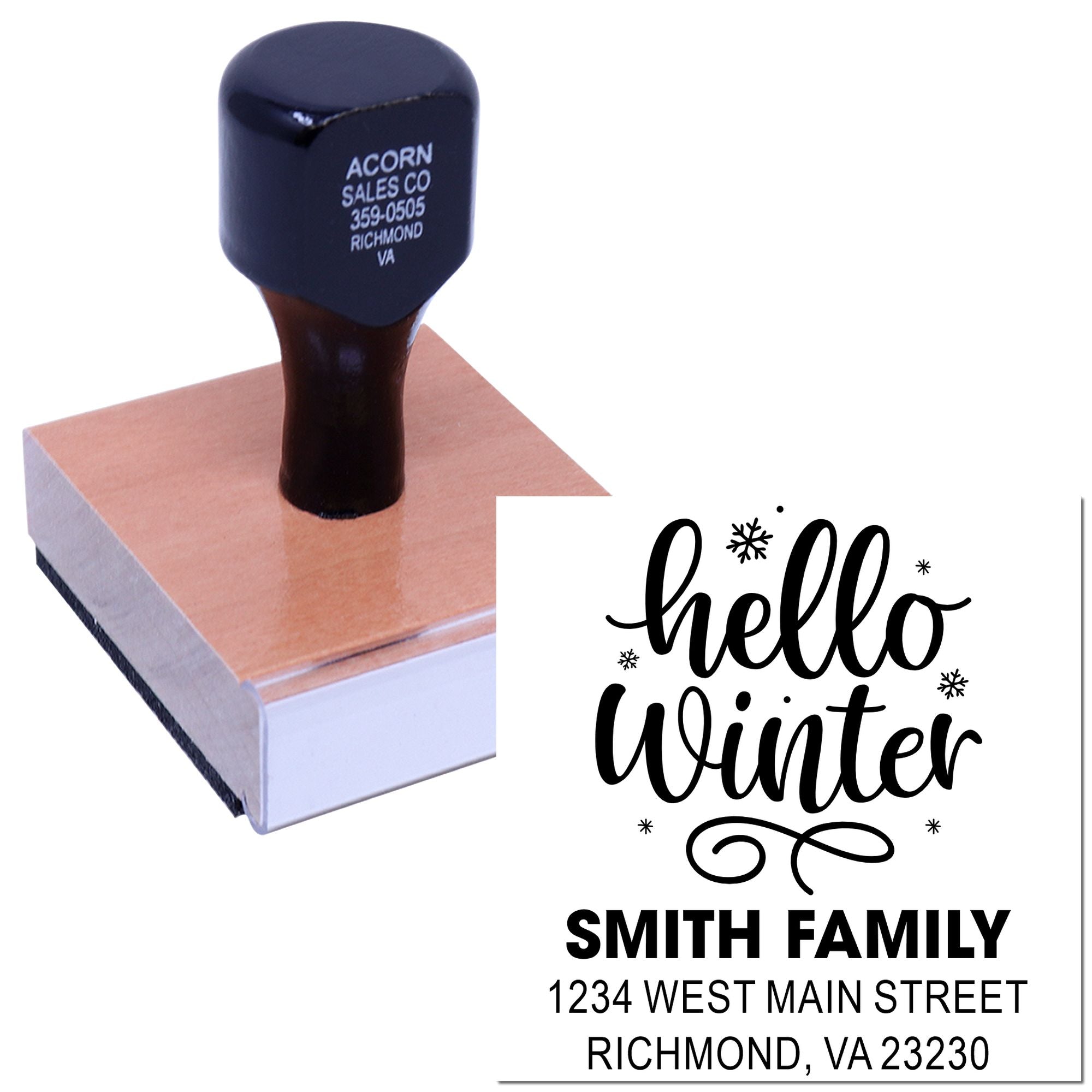 Custom holiday address rubber stamp with Hello Winter design for Smith Family, Richmond VA