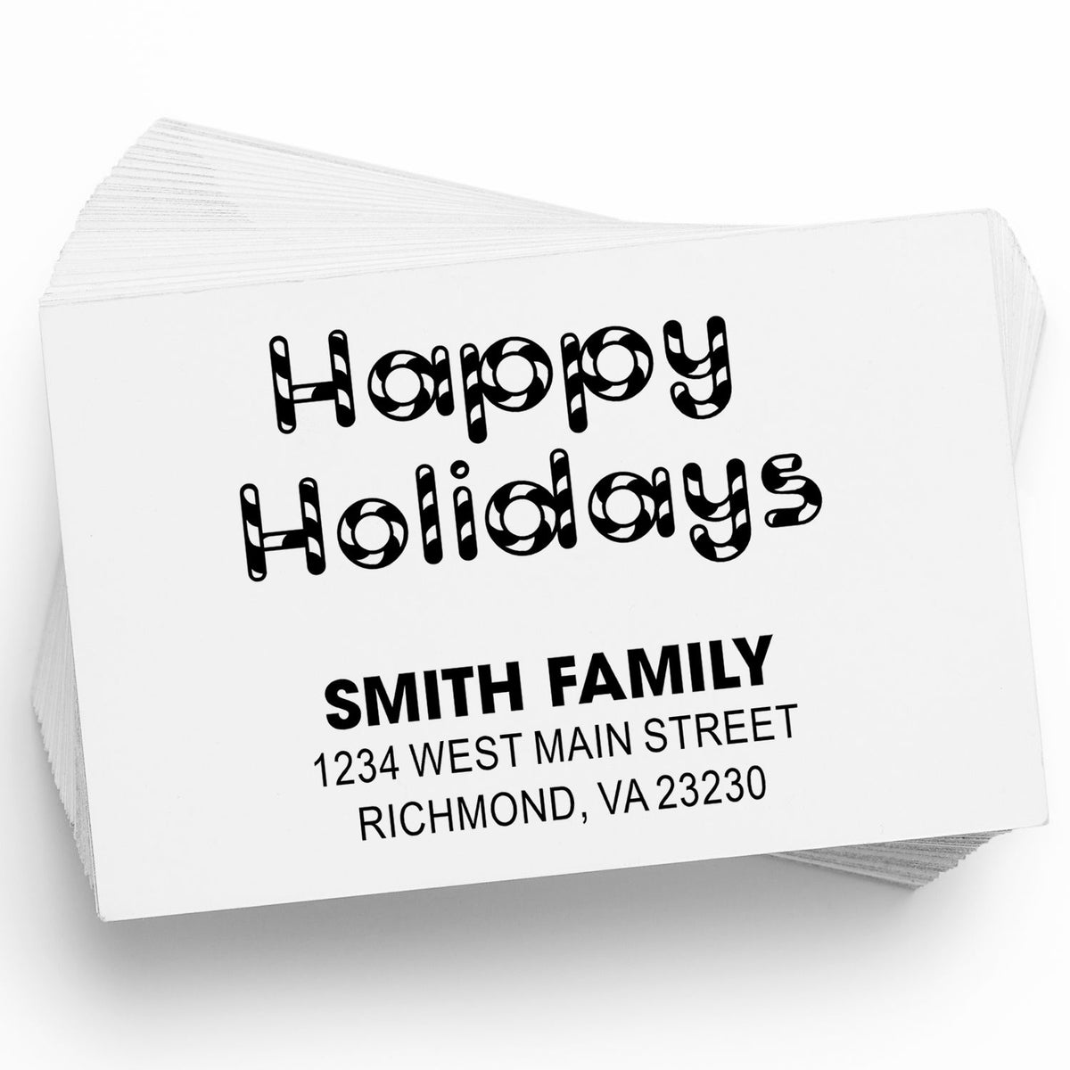 Personalized Happy Holidays rubber stamp with Smith Family return address for festive holiday cards and mail