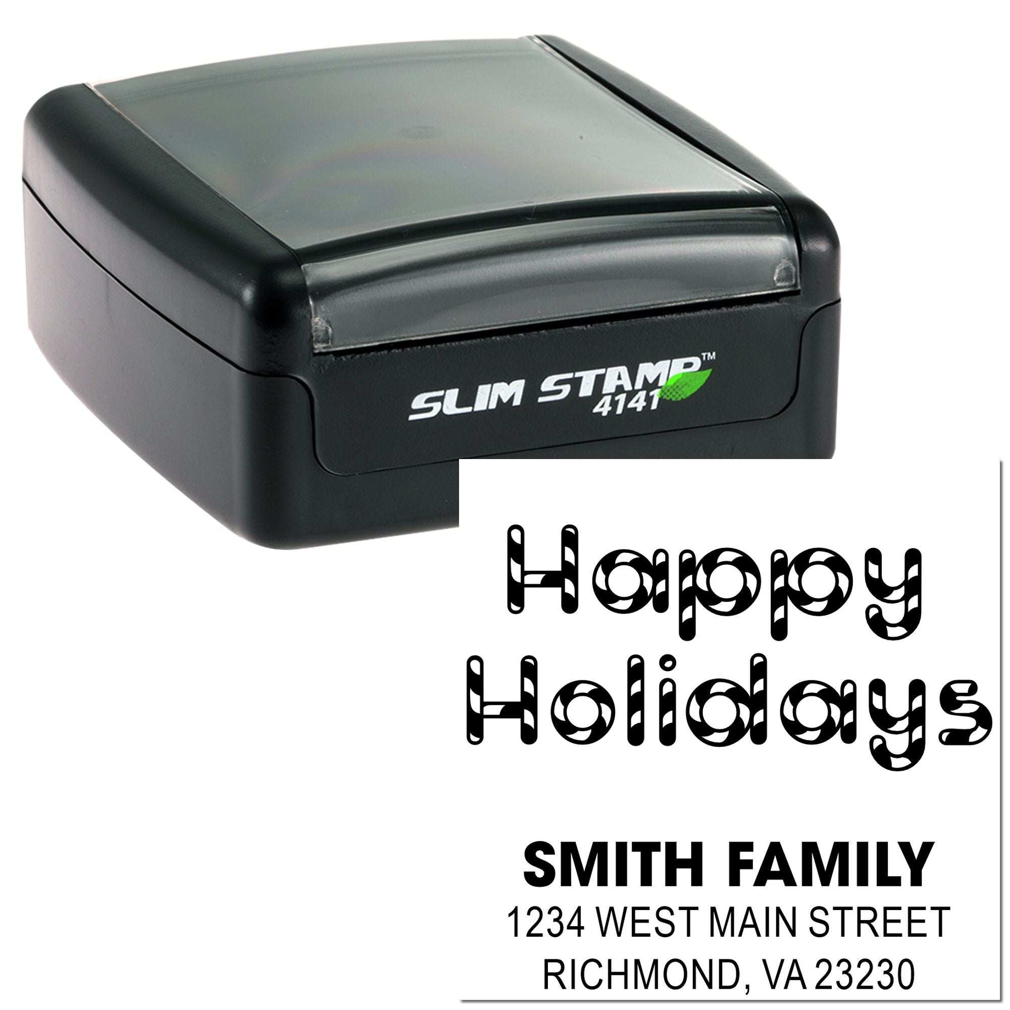 Custom self-inking rubber stamp with holiday greeting and address block for personalized family mailings