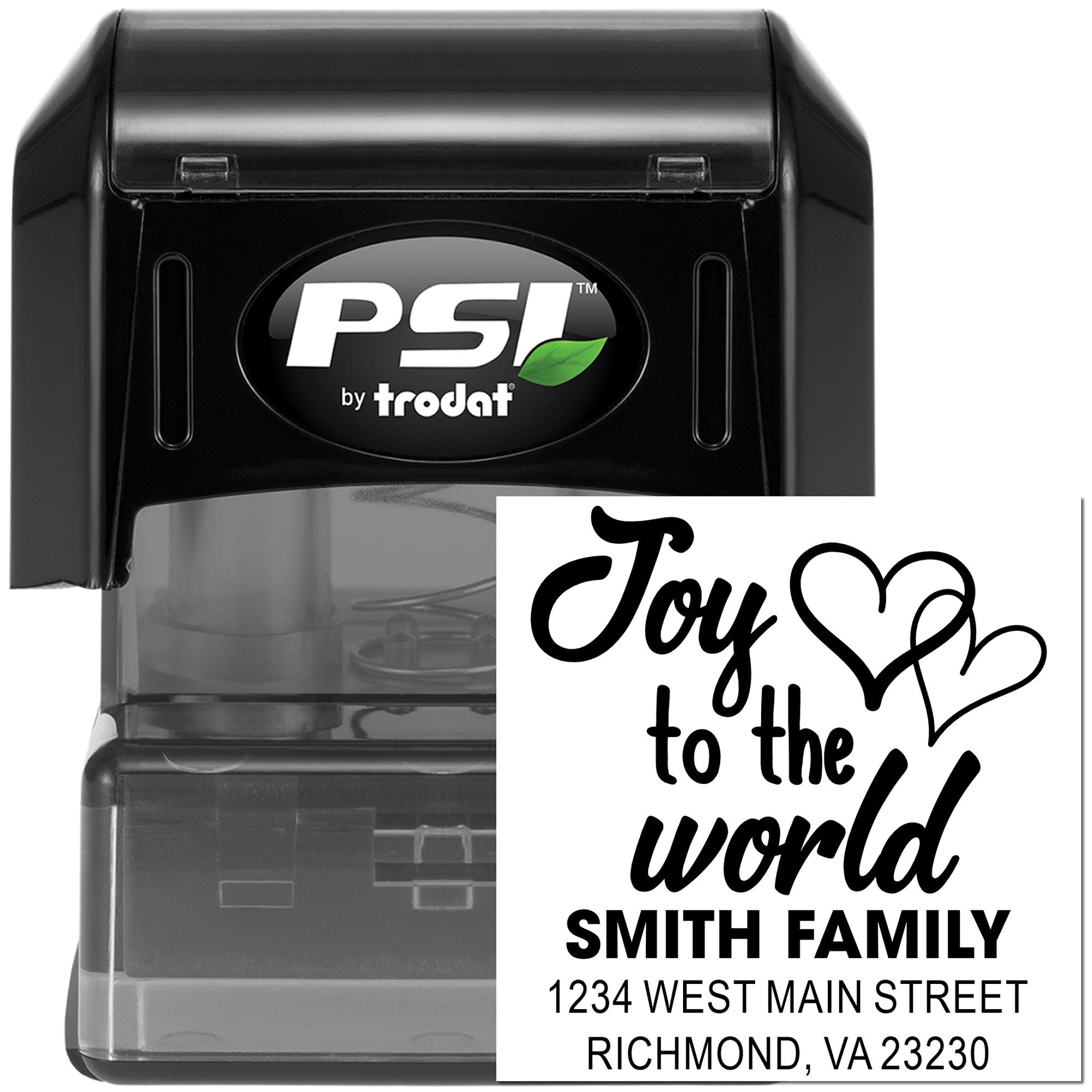 PSI by Trodat self-inking rubber stamp with custom Joy to the World family address imprint and hearts for holiday mail.