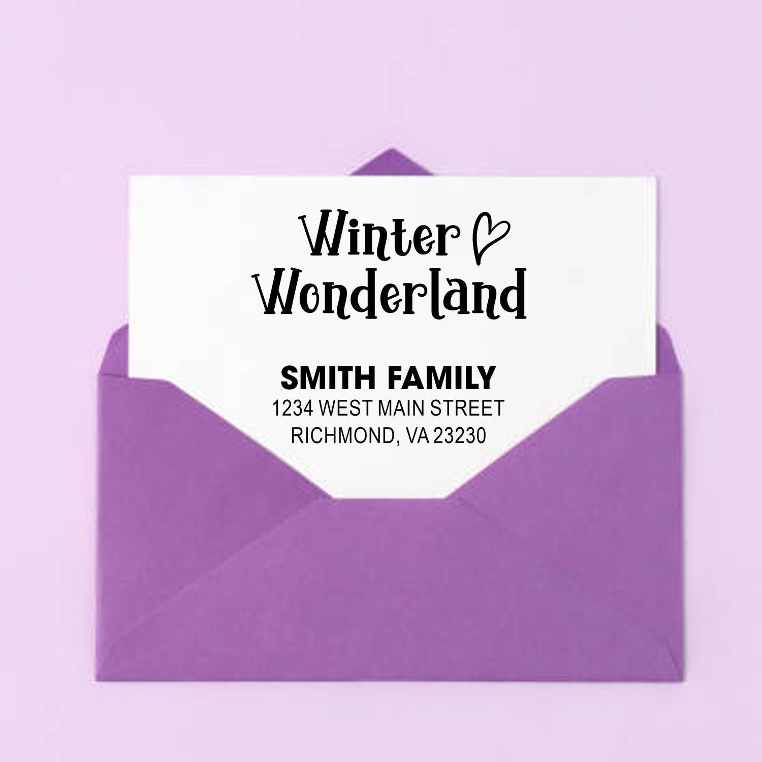Custom Winter Wonderland address rubber stamp for holiday envelopes, featuring Smith Family return address.