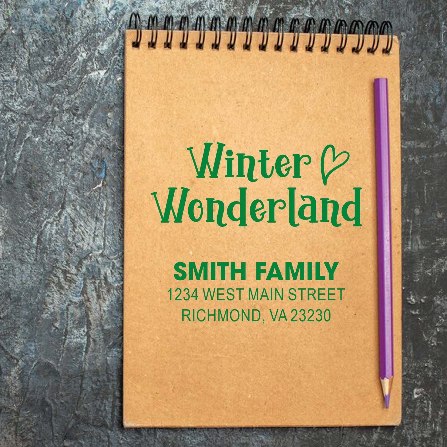 Custom Winter Wonderland address stamp for Smith Family, featuring name and Richmond, VA mailing address.