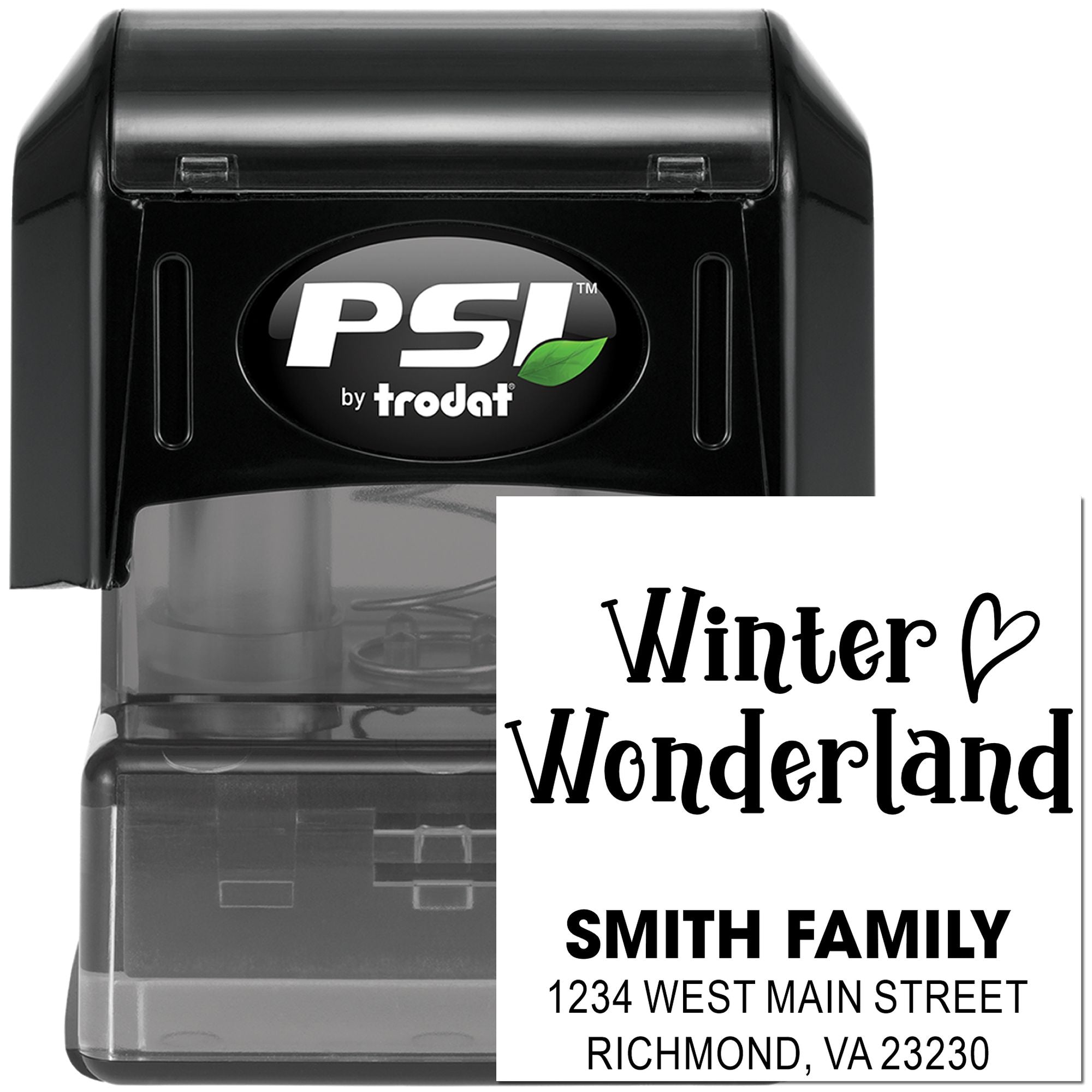 PSI by Trodat self-inking rubber stamp with custom Winter Wonderland family address design