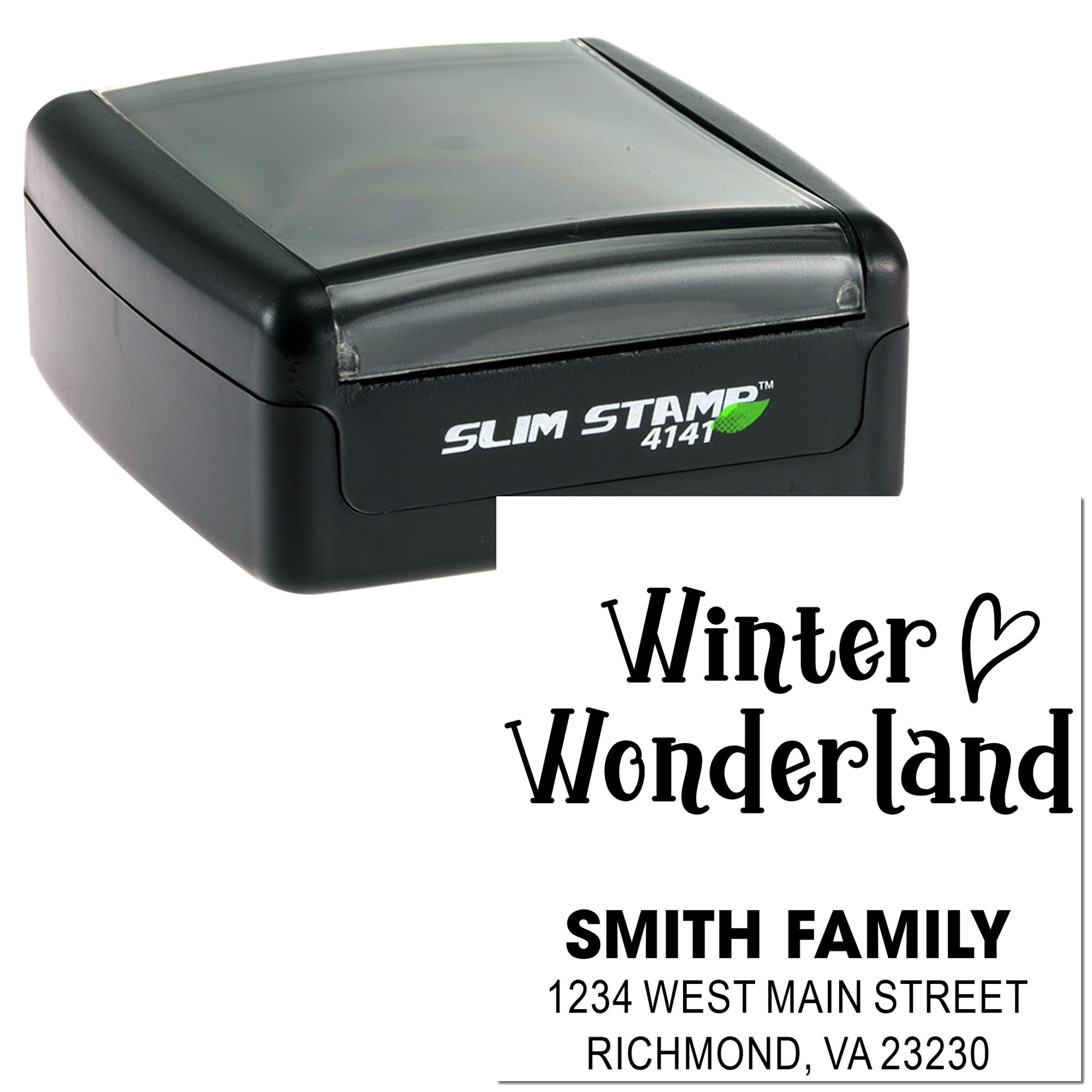 Custom self-inking rubber stamp with Winter Wonderland design and Smith family return address