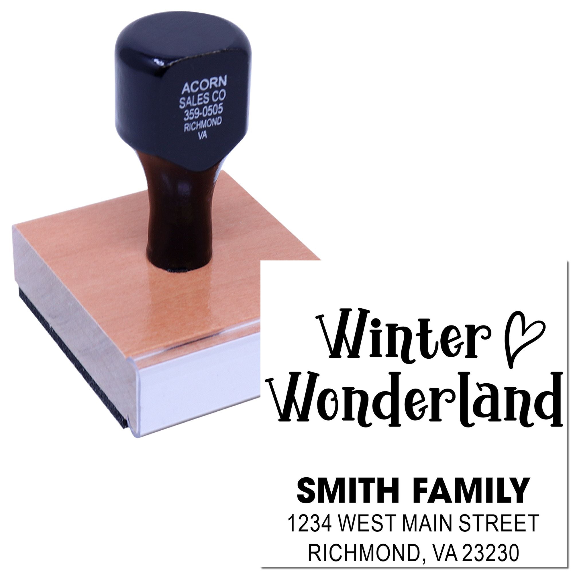 Custom rubber stamp with Winter Wonderland and Smith family address for holiday cards and envelopes.