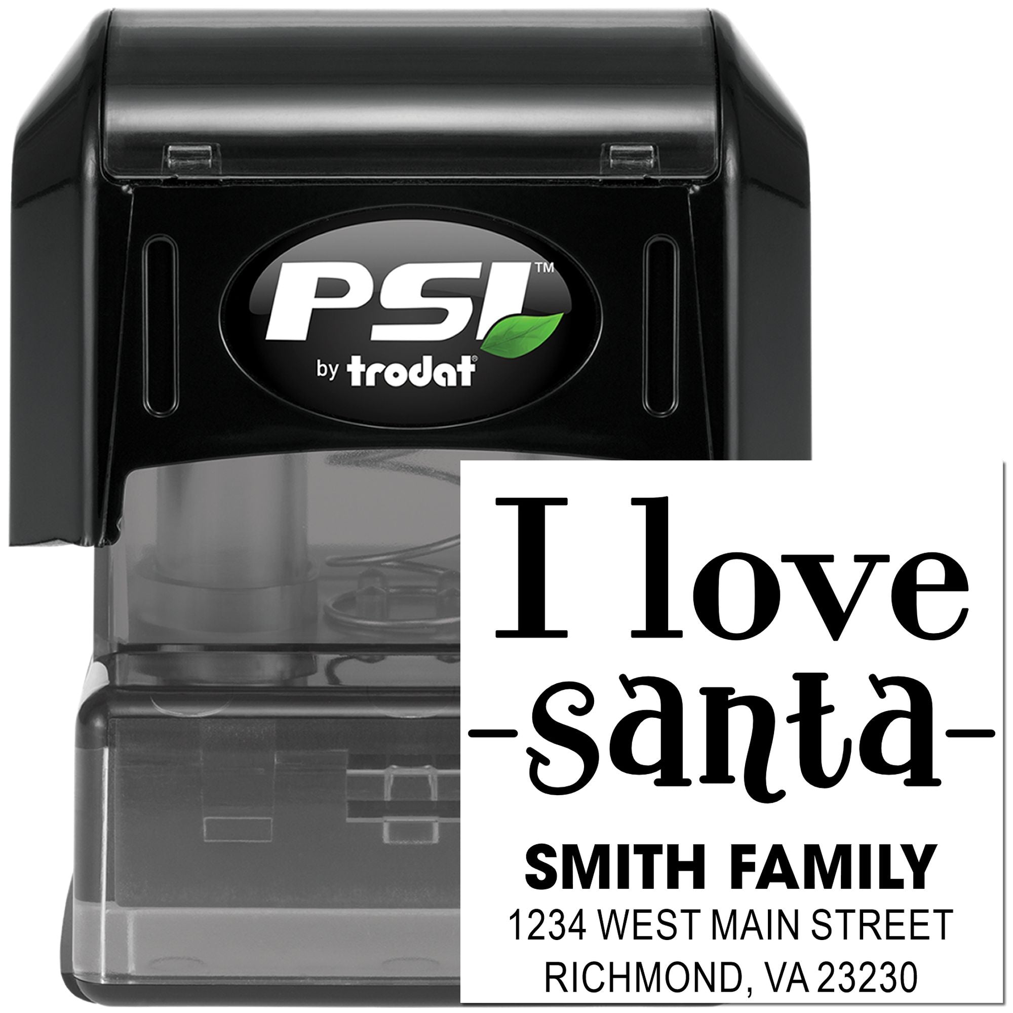 PSI by Trodat personalized self-inking rubber stamp with I love Santa and Smith family return address.